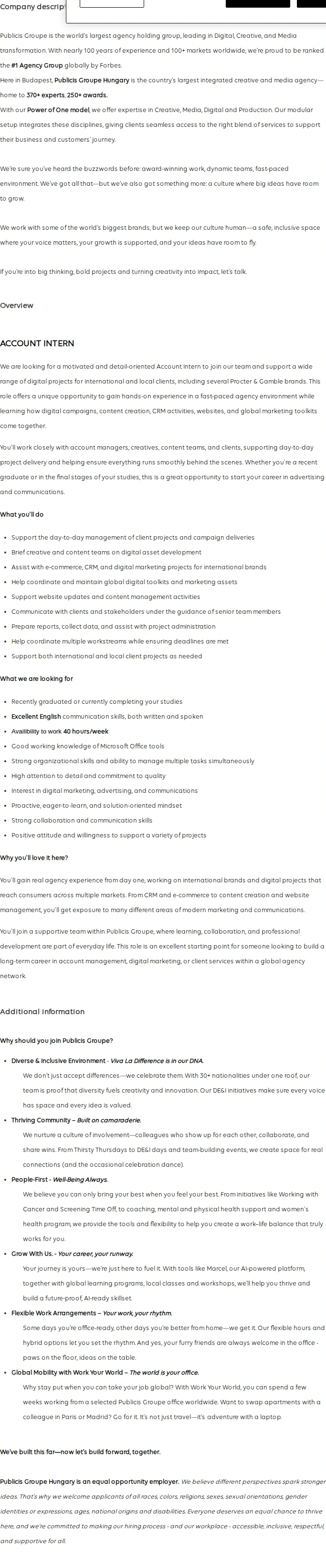 Publicis Groupe Account Intern (Full-time) 채용공고