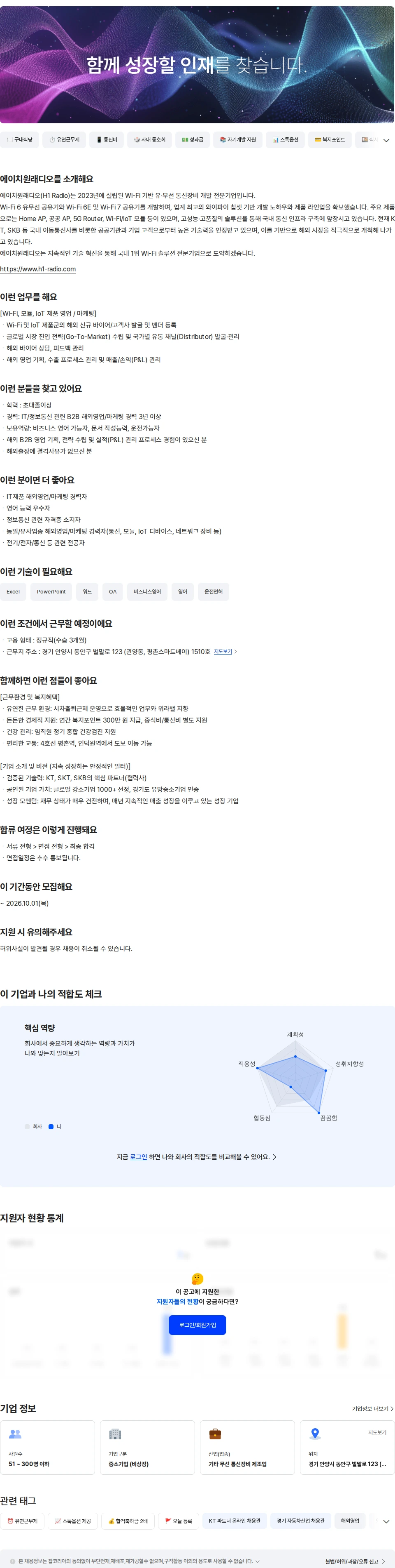 에이치원래디오 Wi-Fi, IoT 제품 해외영업/마케팅 경력 채용공고