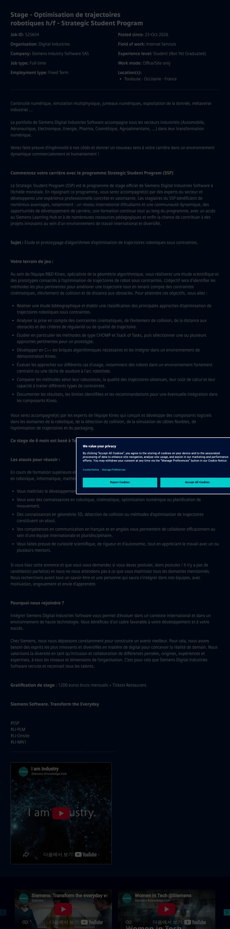 지멘스 Stage - Optimisation de trajectoires robotiques h/f - Strategic Student Program 채용공고