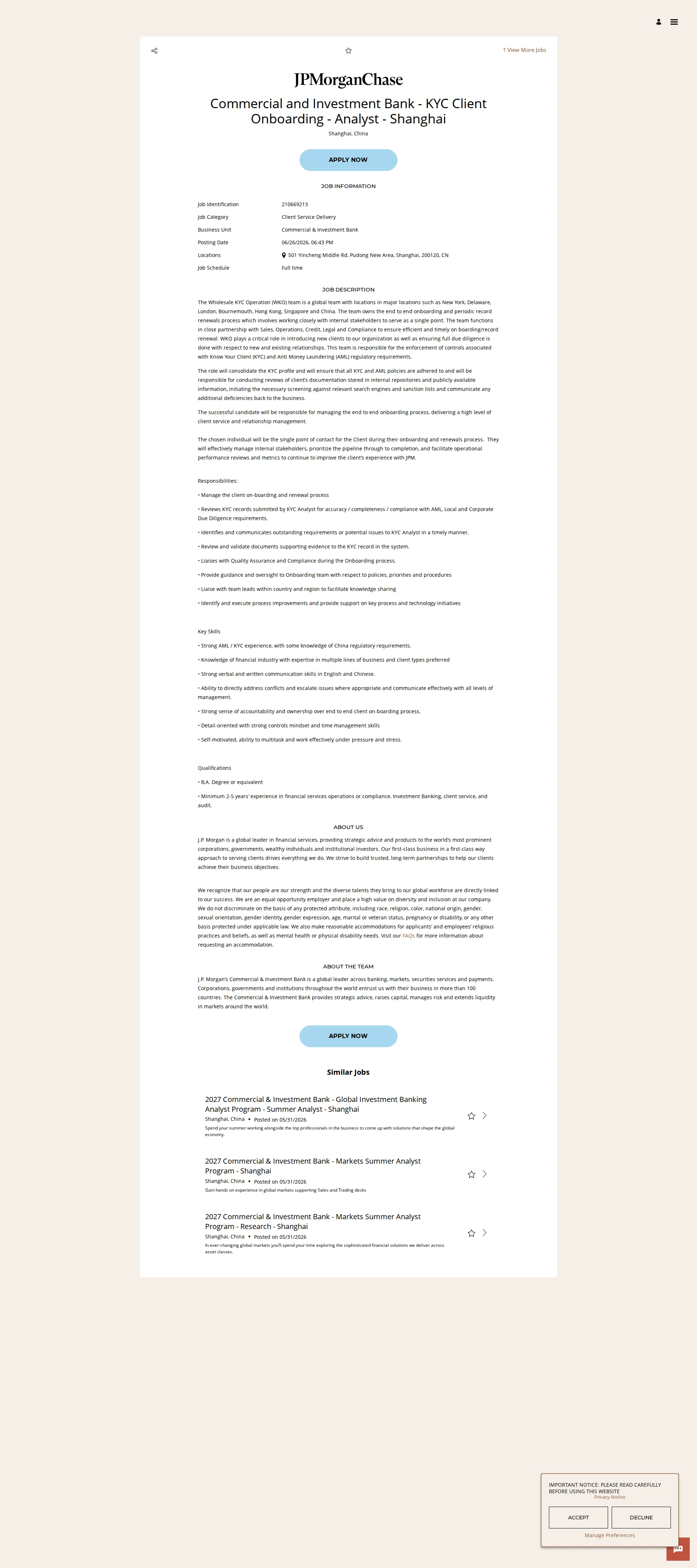 JPMorganChase Commercial and Investment Bank - KYC Client Onboarding - Analyst - Shanghai 채용공고