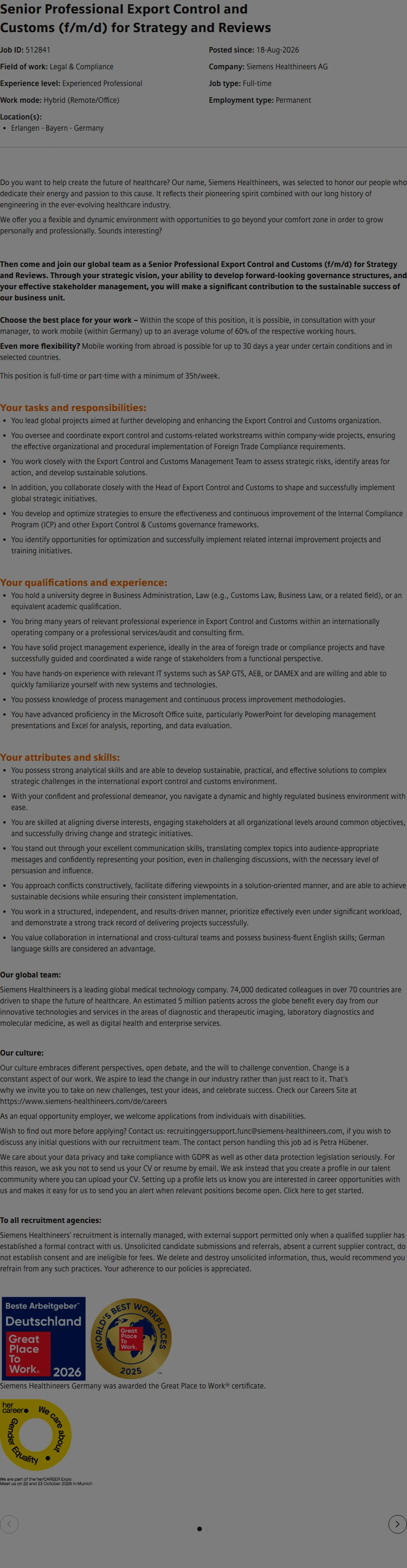 SiemensHealthineers Senior Professional Export Control and Customs (f/m/d) for Strategy and Reviews 채용공고