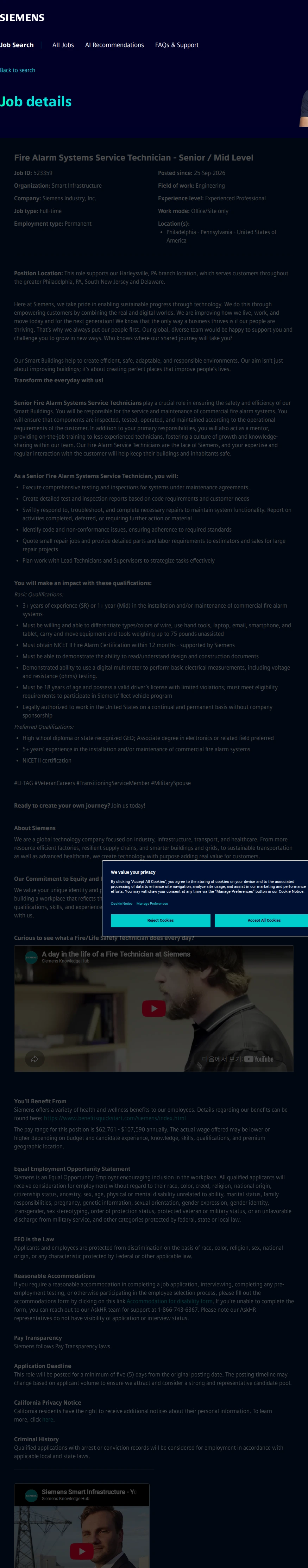 지멘스 Fire Alarm Systems Service Technician - Senior / Mid Level 채용공고