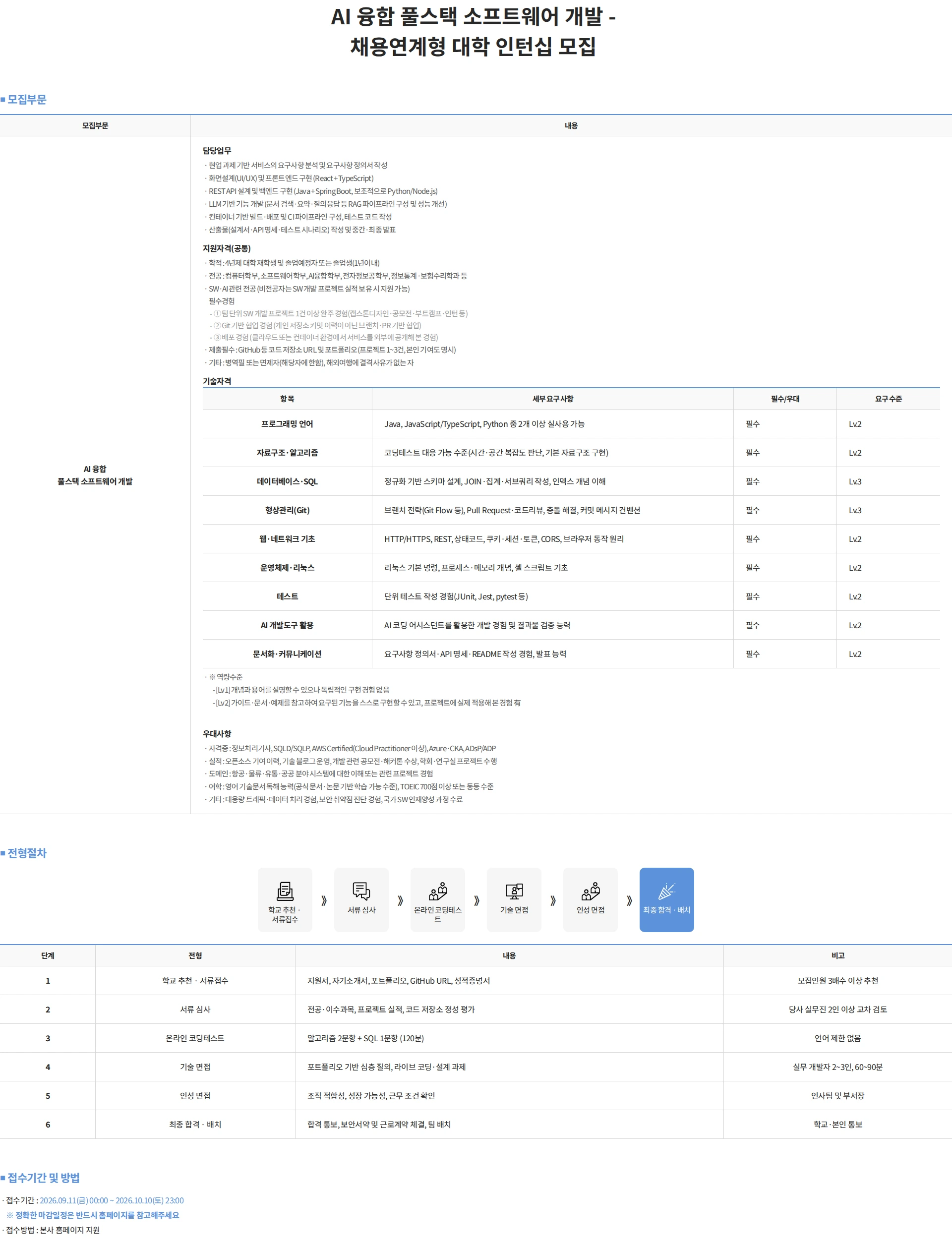 한진정보통신 AI 융합 풀스택 소프트웨어 개발 - 채용연계형 대학 인턴십 모집 채용공고