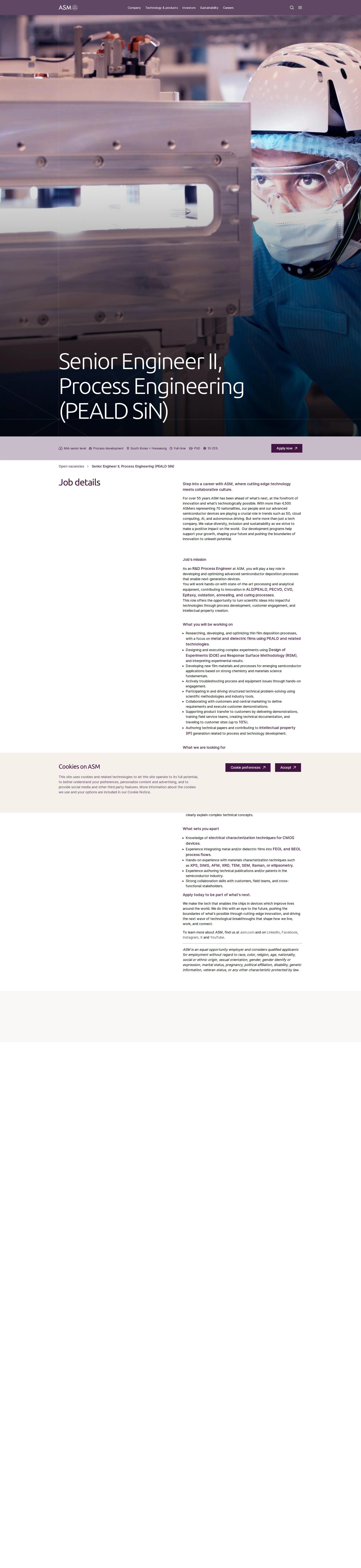 ASM Senior Engineer II, Process Engineering (PEALD SiN) 채용공고