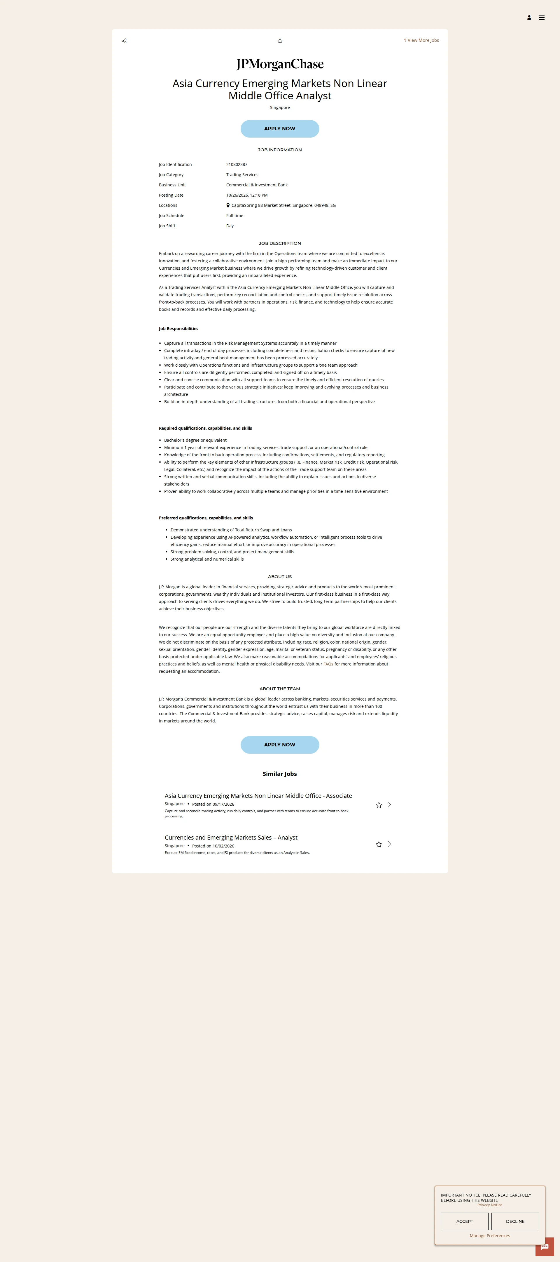 JPMorganChase Asia Currency Emerging Markets Non Linear Middle Office Analyst 채용공고