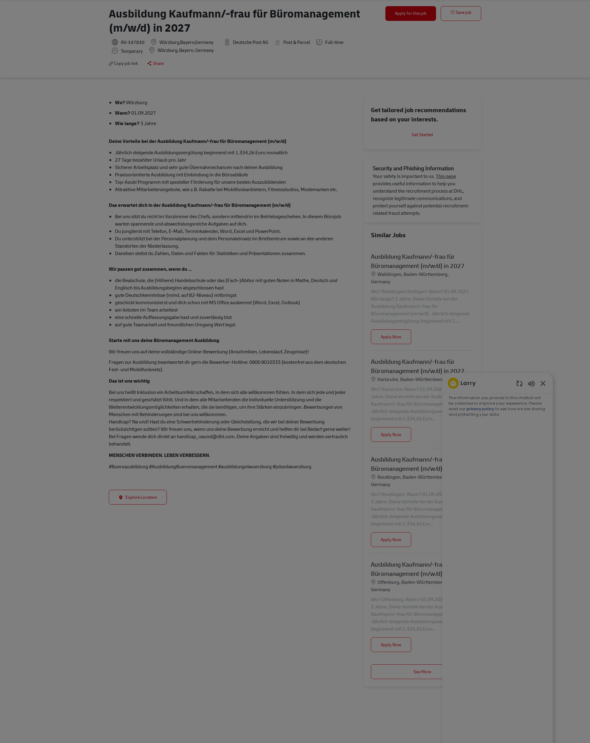 DHL Ausbildung Kaufmann/-frau für Büromanagement (m/w/d) in 2027 채용공고