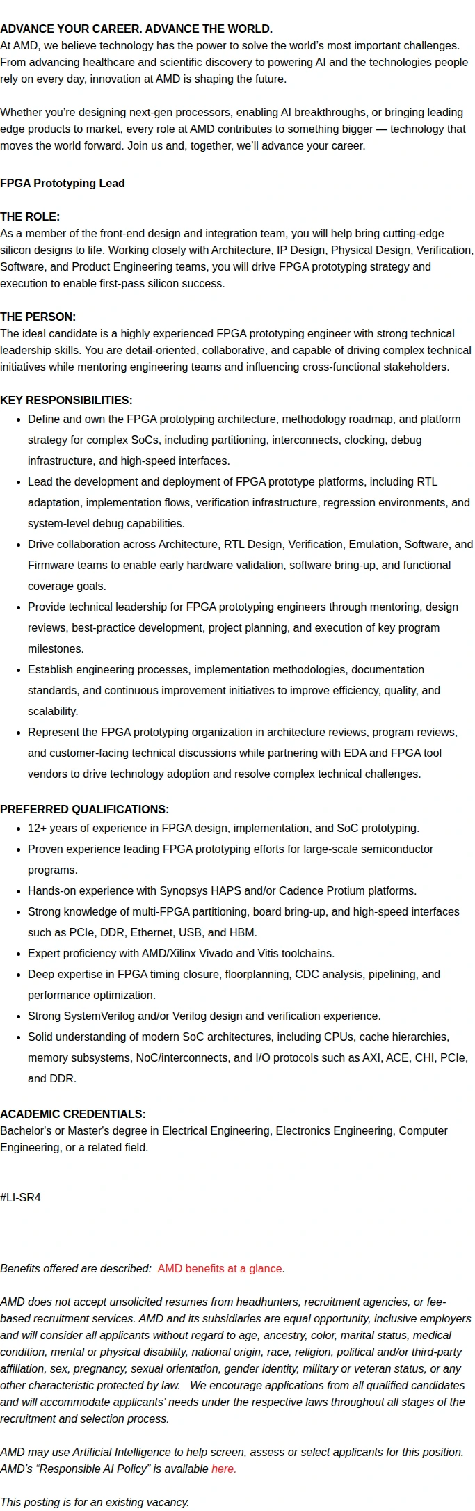 AMD FPGA Prototyping Lead 채용공고
