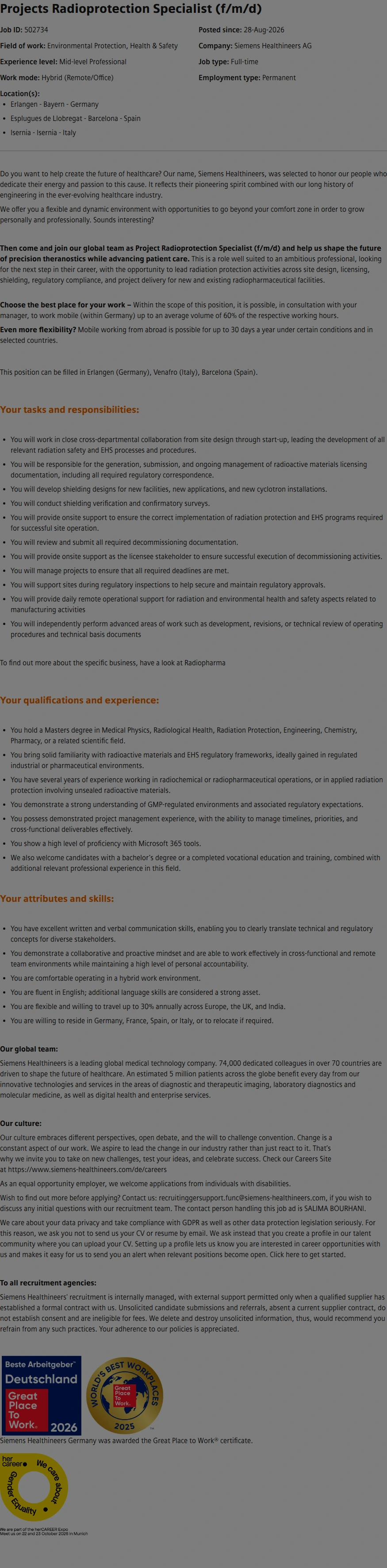 SiemensHealthineers Projects Radioprotection Specialist (f/m/d) 채용공고
