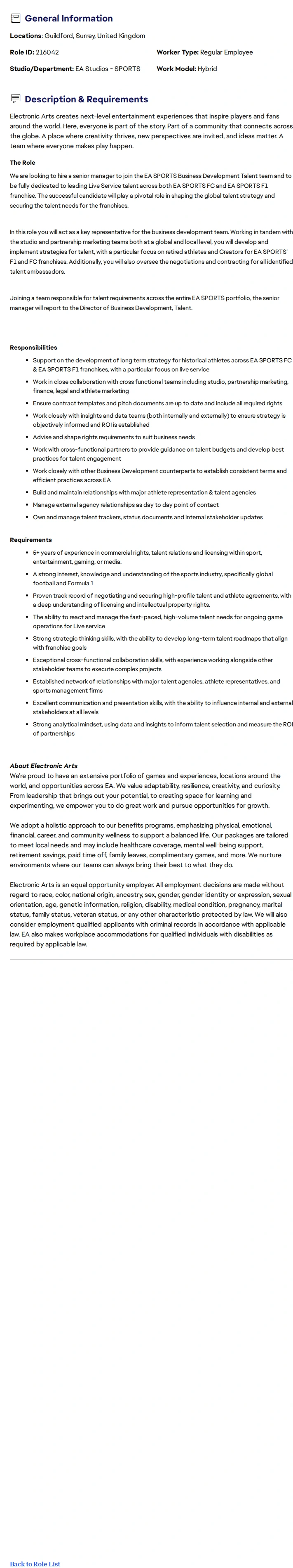ElectronicArts Senior Manager, Business Development, EA SPORTS Talent 채용공고