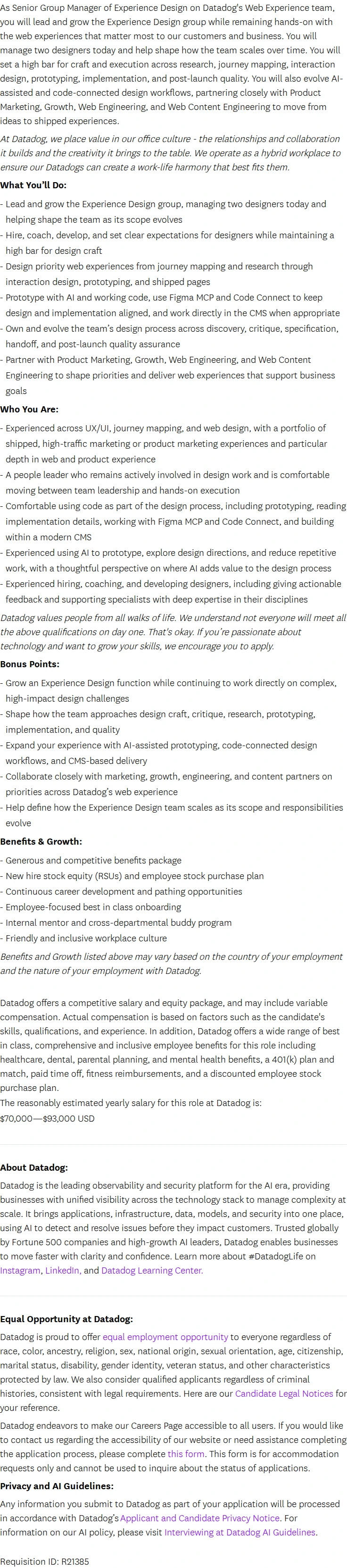 데이터독 Senior Group Manager, Experience Design 채용공고