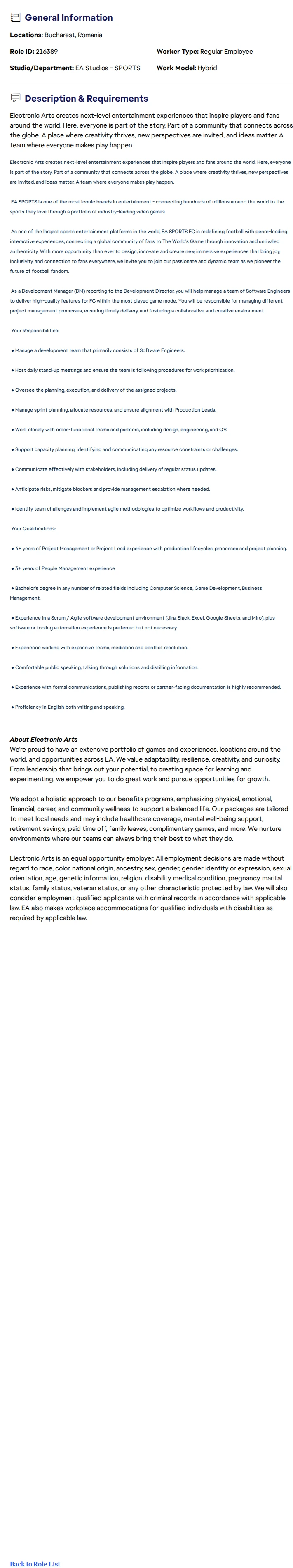 ElectronicArts Development Manager @ EA Sports FC 채용공고