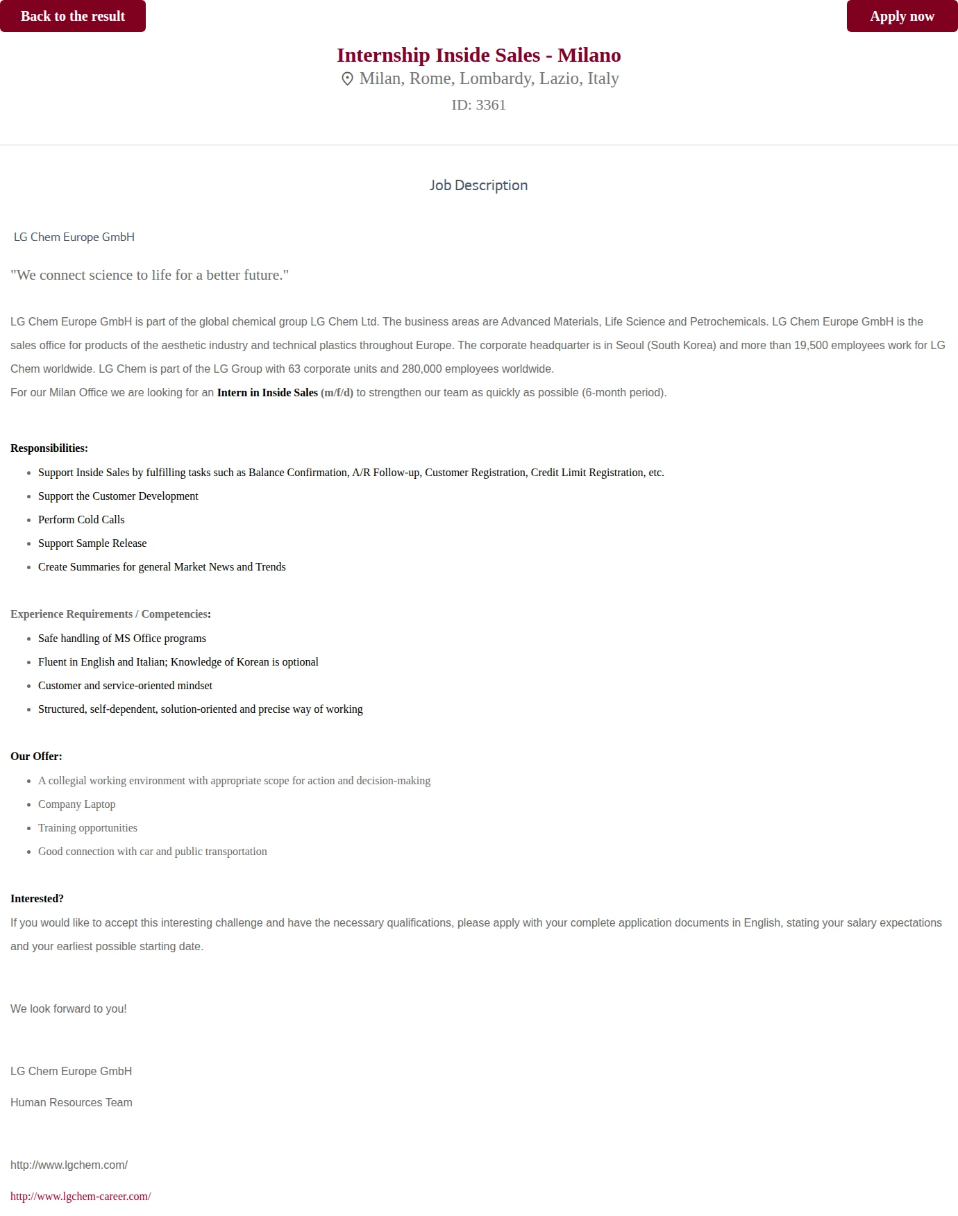 LG전자 Internship Inside Sales - Milano 채용공고