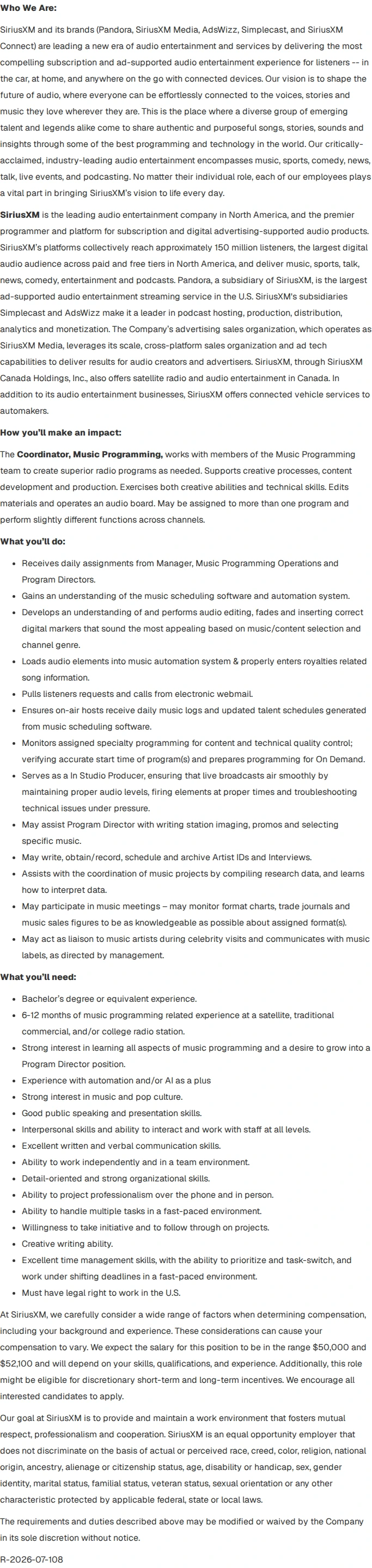 Sirius XM Coordinator, Music Programming 채용공고