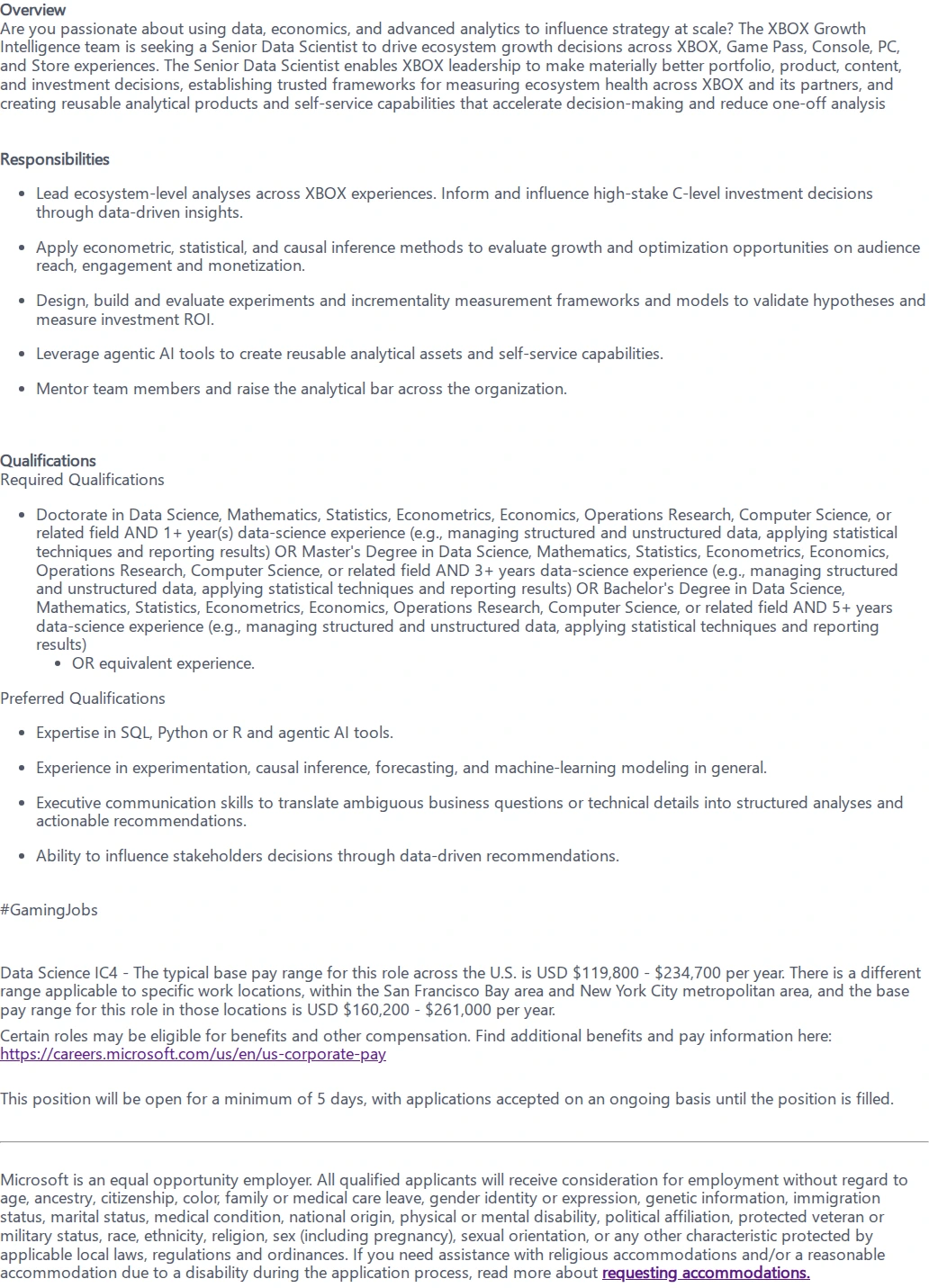 마이크로소프트(Microsoft) Senior Data Scientist - Ecosystem Economics & Growth, XBOX 채용공고