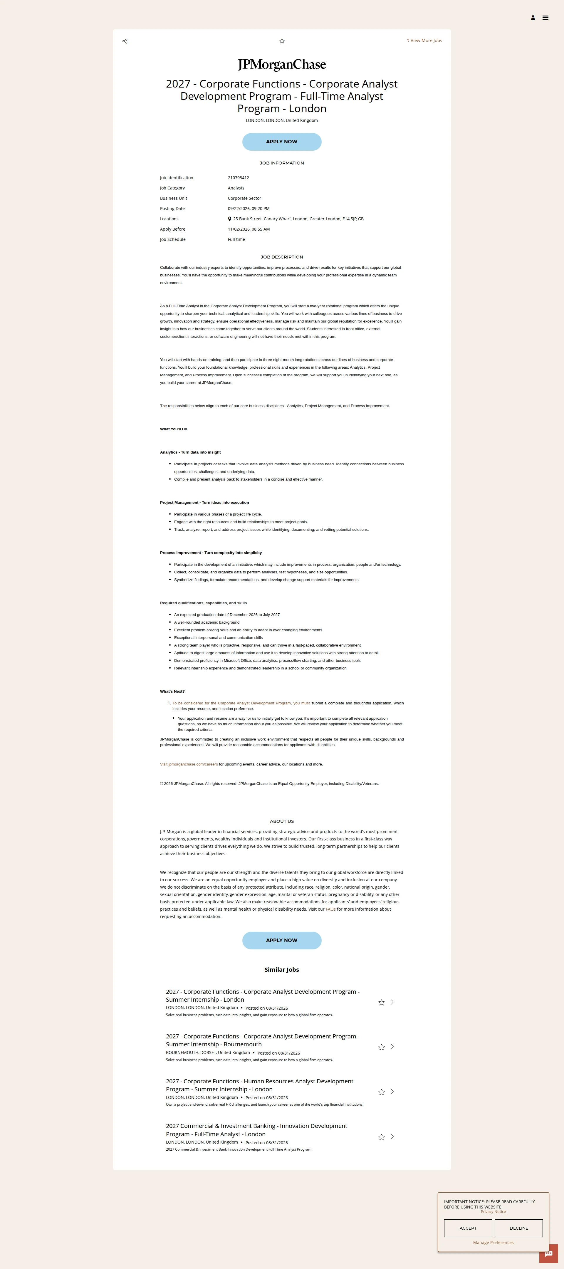 JPMorganChase 2027 - Corporate Functions - Corporate Analyst Development Program - Full-Time Analyst Program - London 채용공고