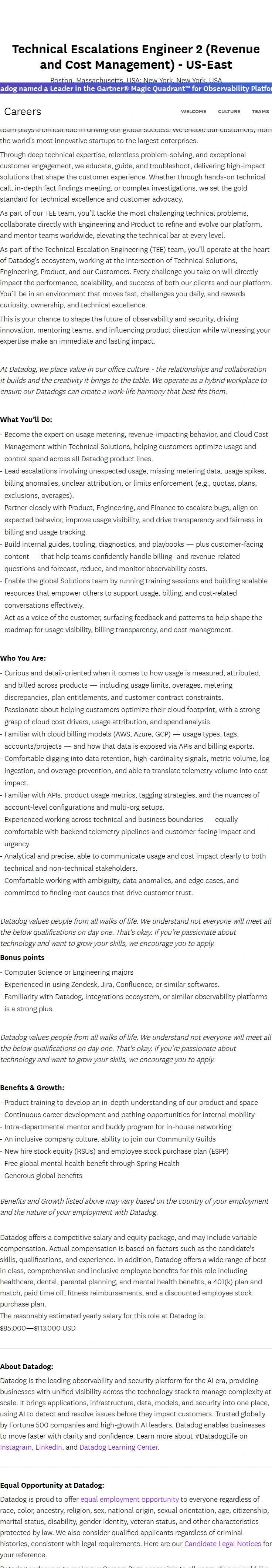 데이터독 Technical Escalations Engineer 2 (Revenue and Cost Management) - US-East 채용공고
