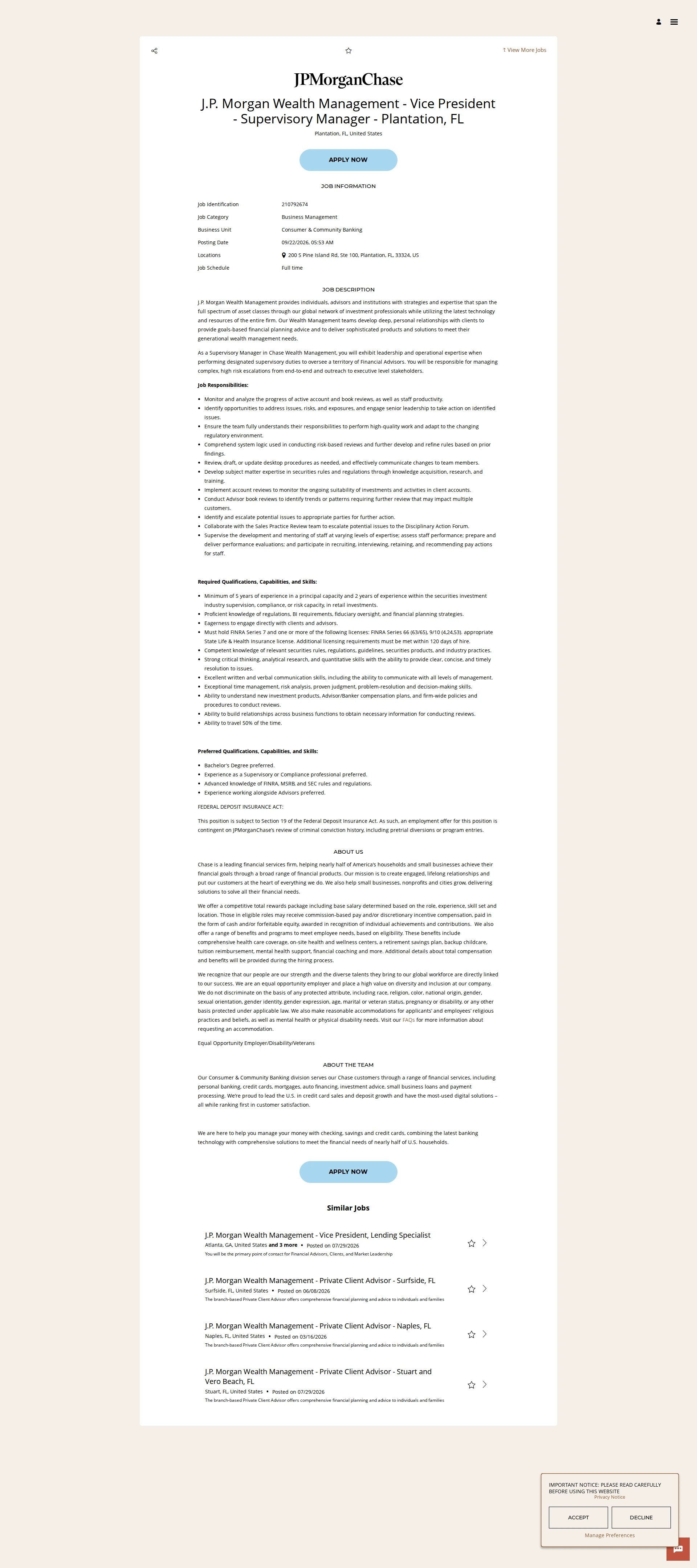 JPMorganChase J.P. Morgan Wealth Management - Vice President - Supervisory Manager - Plantation, FL 채용공고