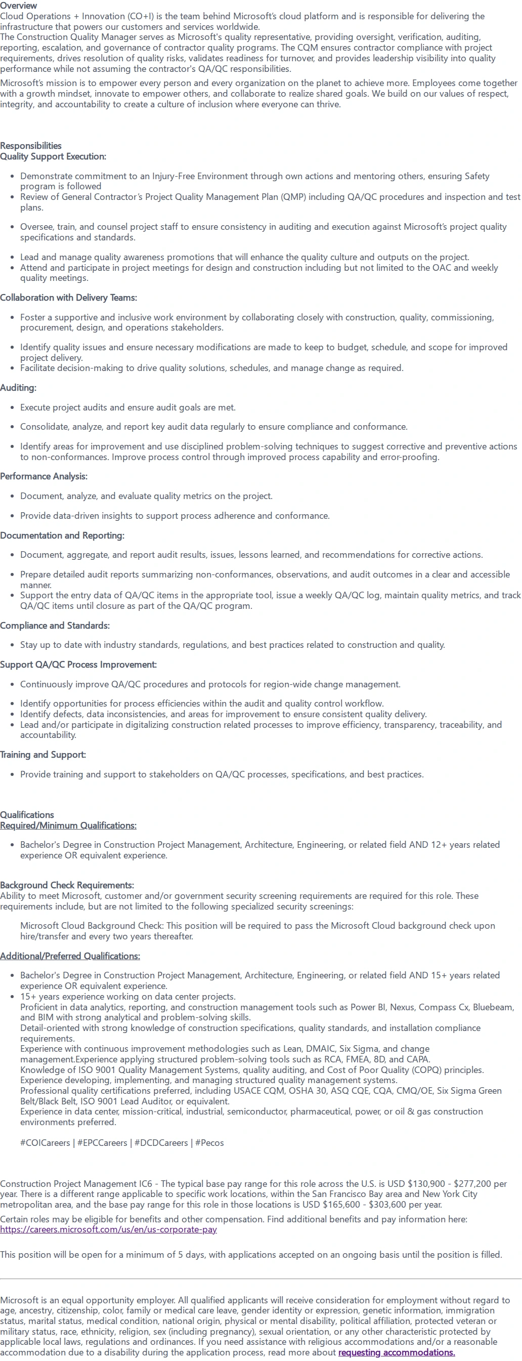 마이크로소프트(Microsoft) Construction Quality Manager 채용공고