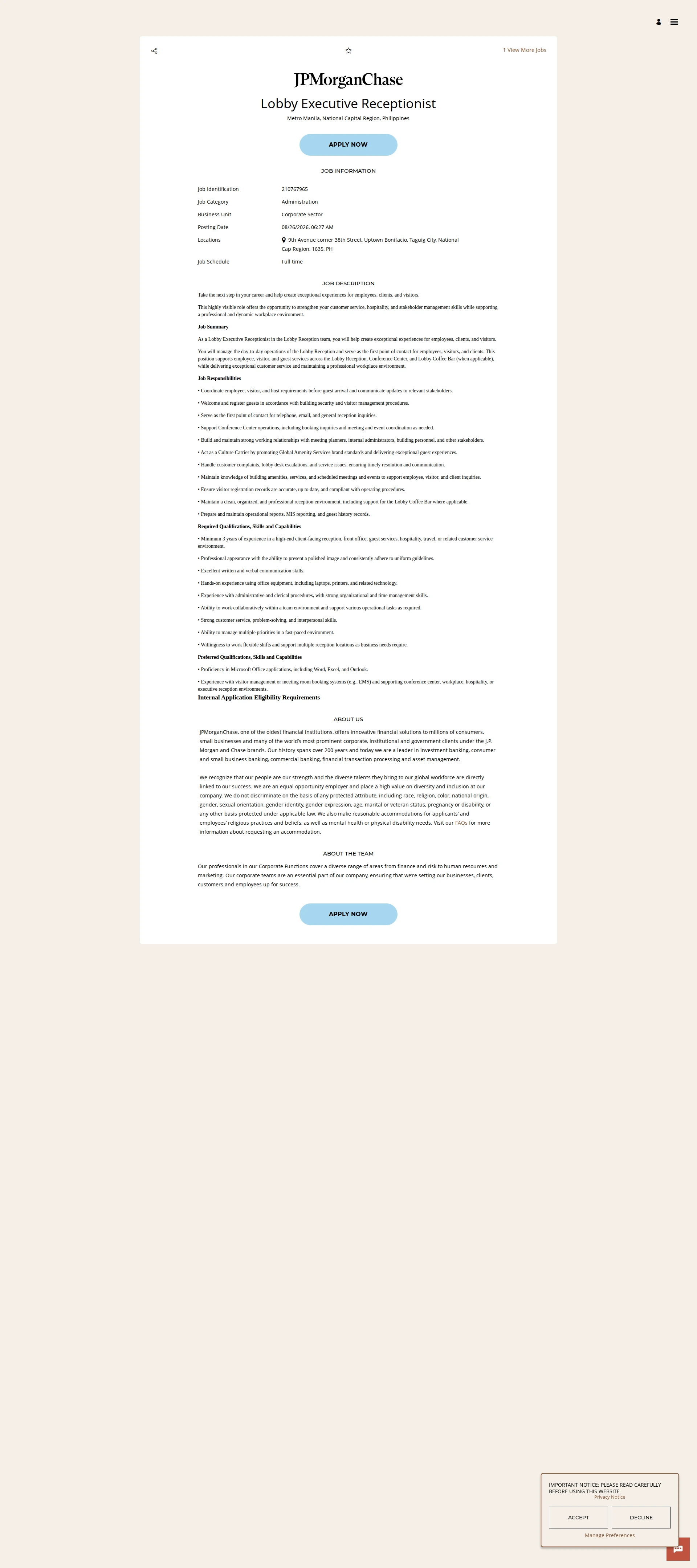 JPMorganChase Lobby Executive Receptionist 채용공고