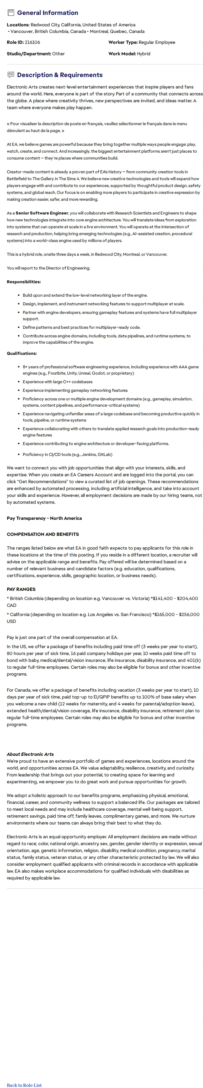 ElectronicArts Développeur.se de logiciels sénior.e - applications réseau / Senior Software Developer - Networking 채용공고