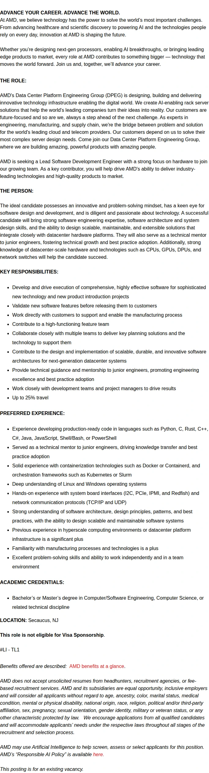 AMD Lead Software Development Engineer 채용공고