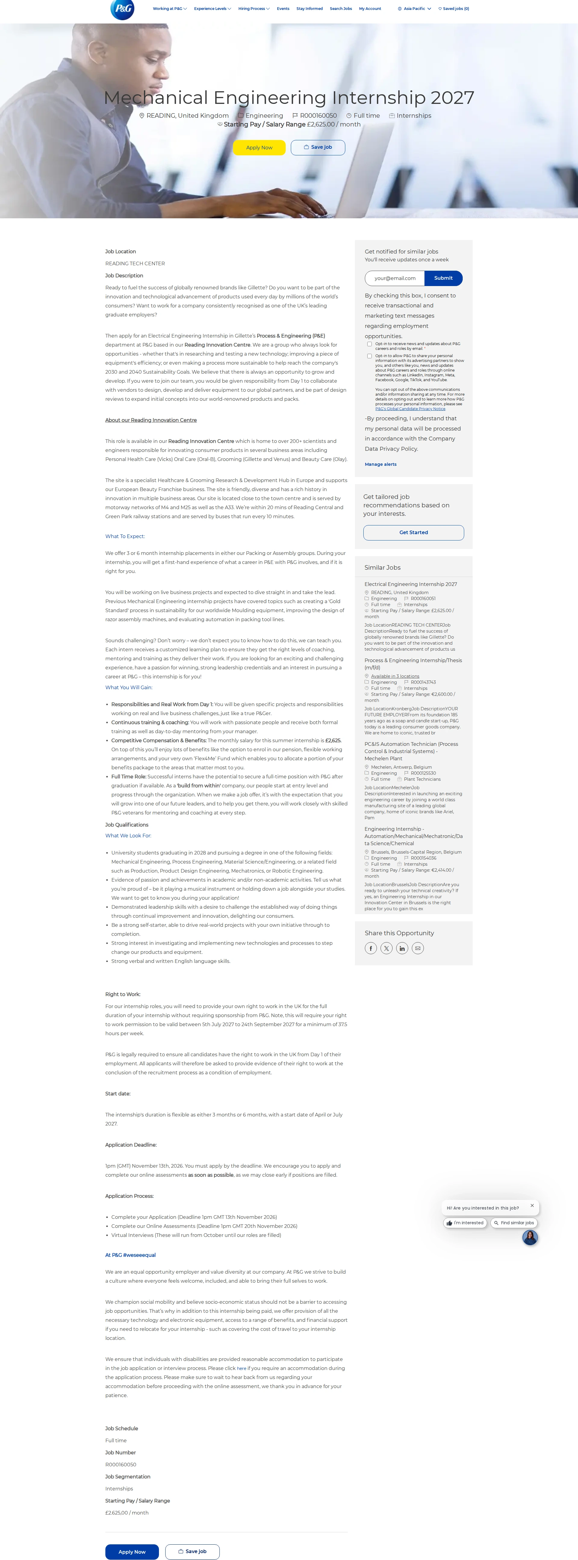 P&G Mechanical Engineering Internship 2027 채용공고