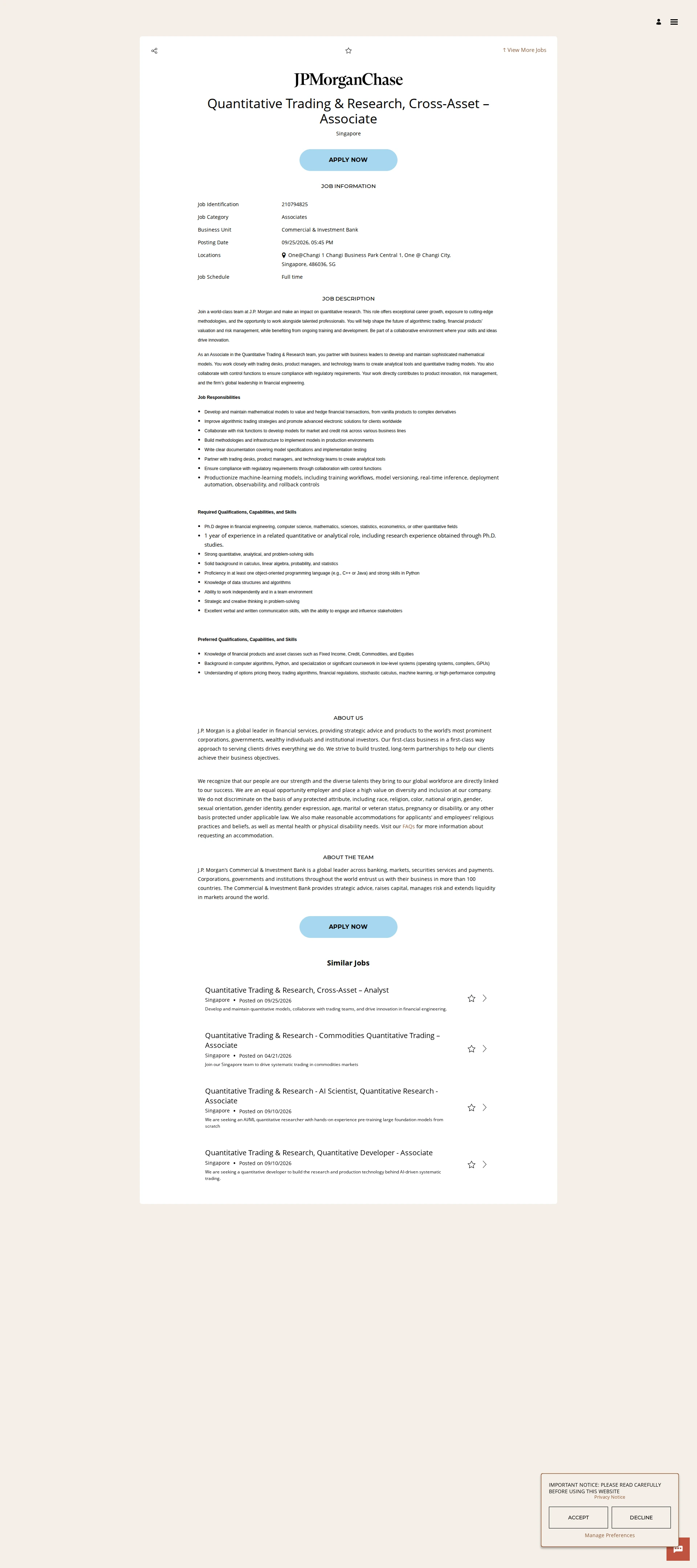 JPMorganChase Quantitative Trading & Research, Cross-Asset – Associate 채용공고