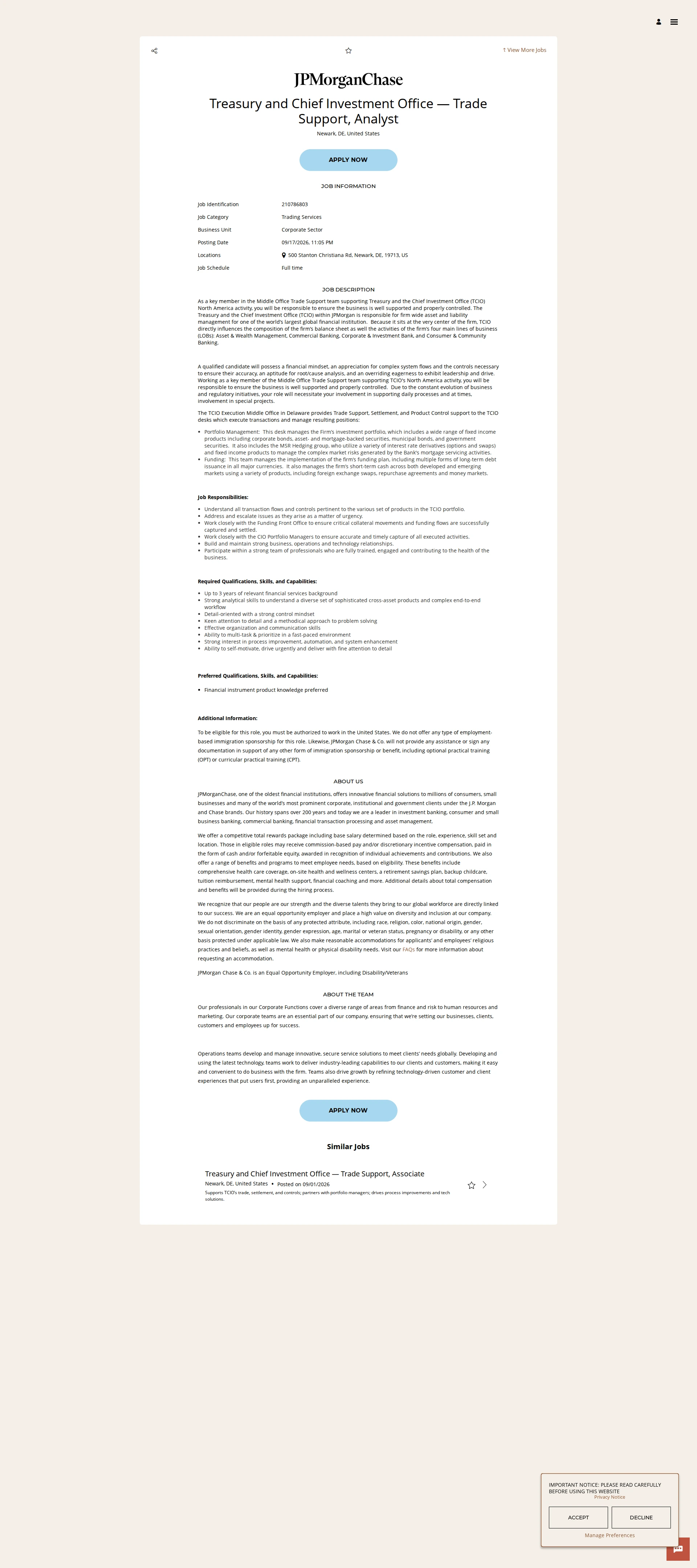 JPMorganChase Treasury and Chief Investment Office — Trade Support, Analyst 채용공고