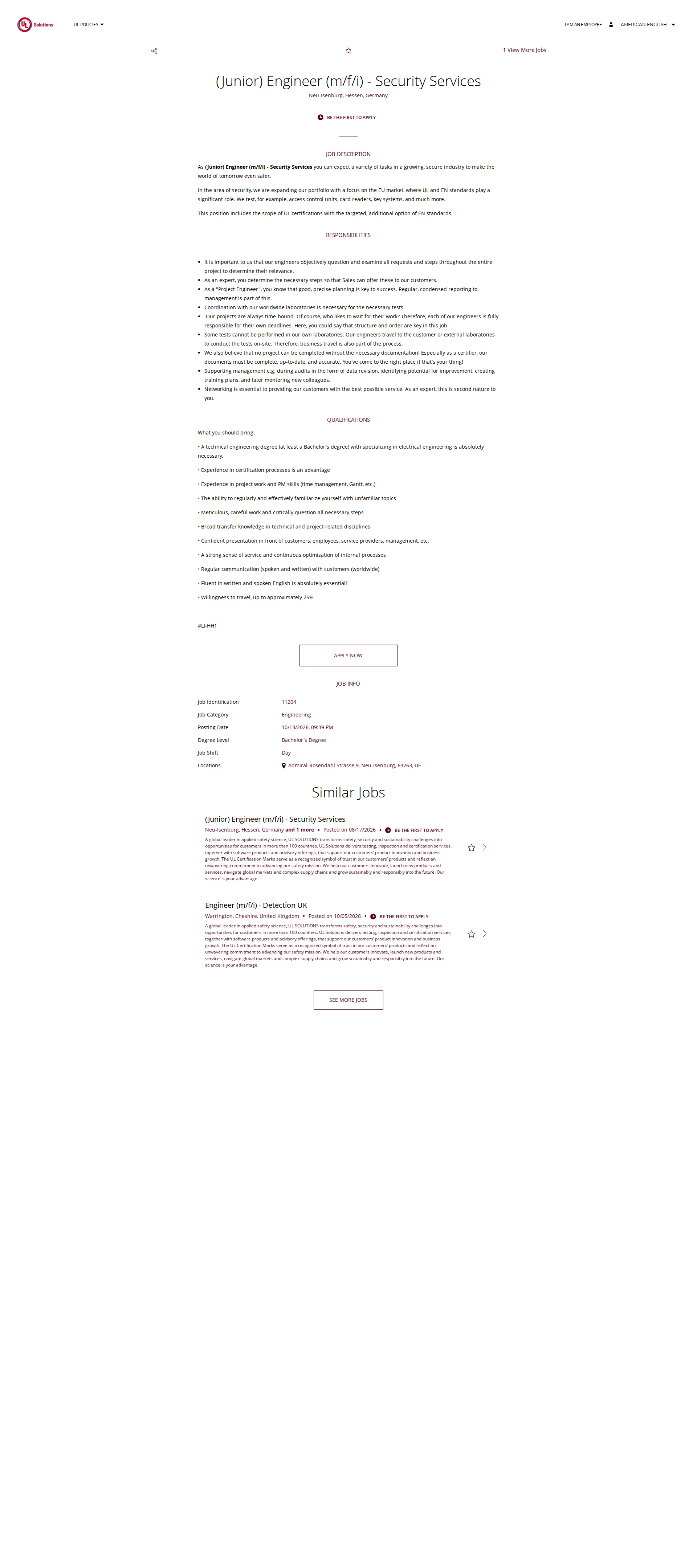 UL Solutions (Junior) Engineer (m/f/i) - Security Services 채용공고