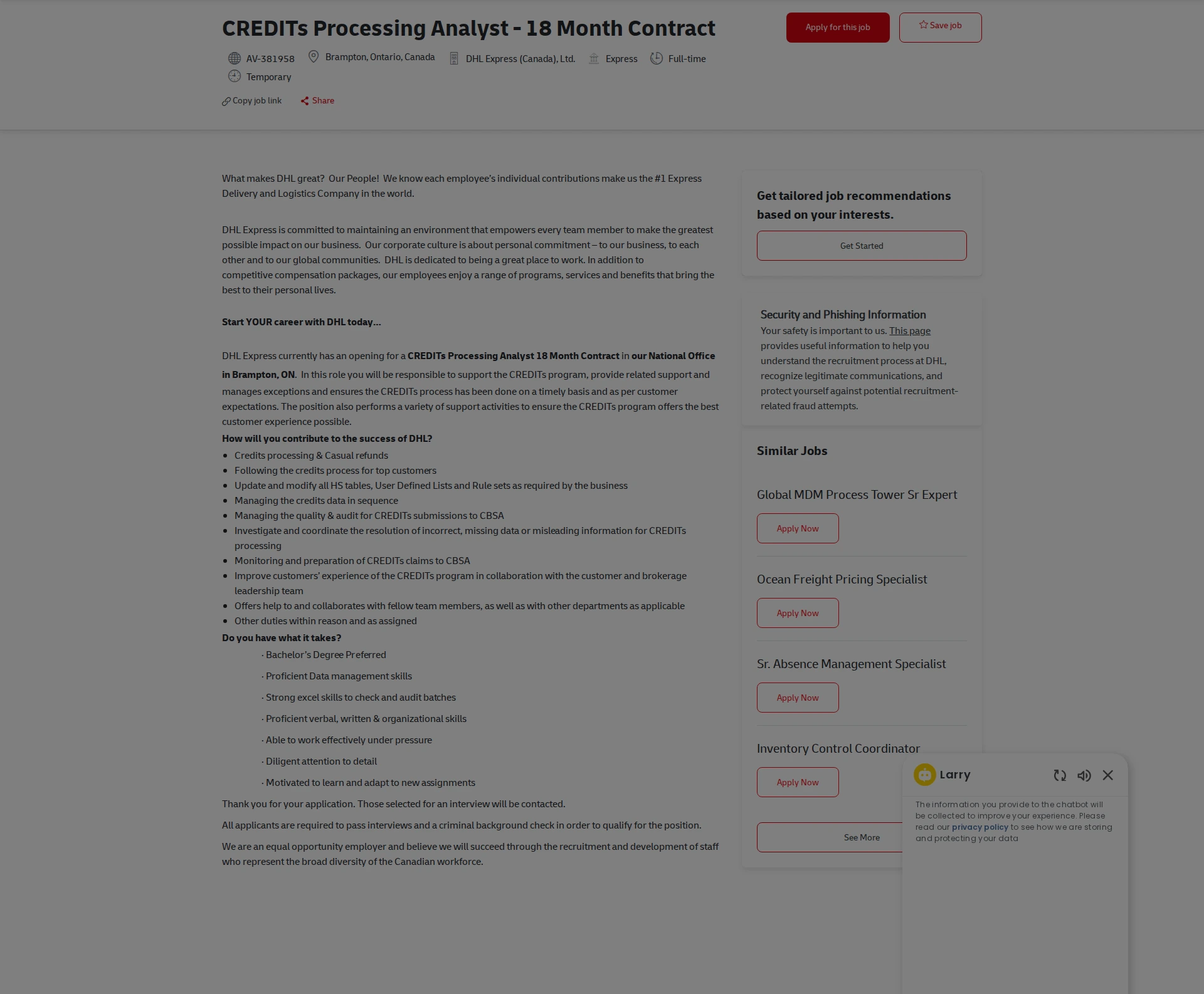 DHL CREDITs Processing Analyst - 18 Month Contract 채용공고
