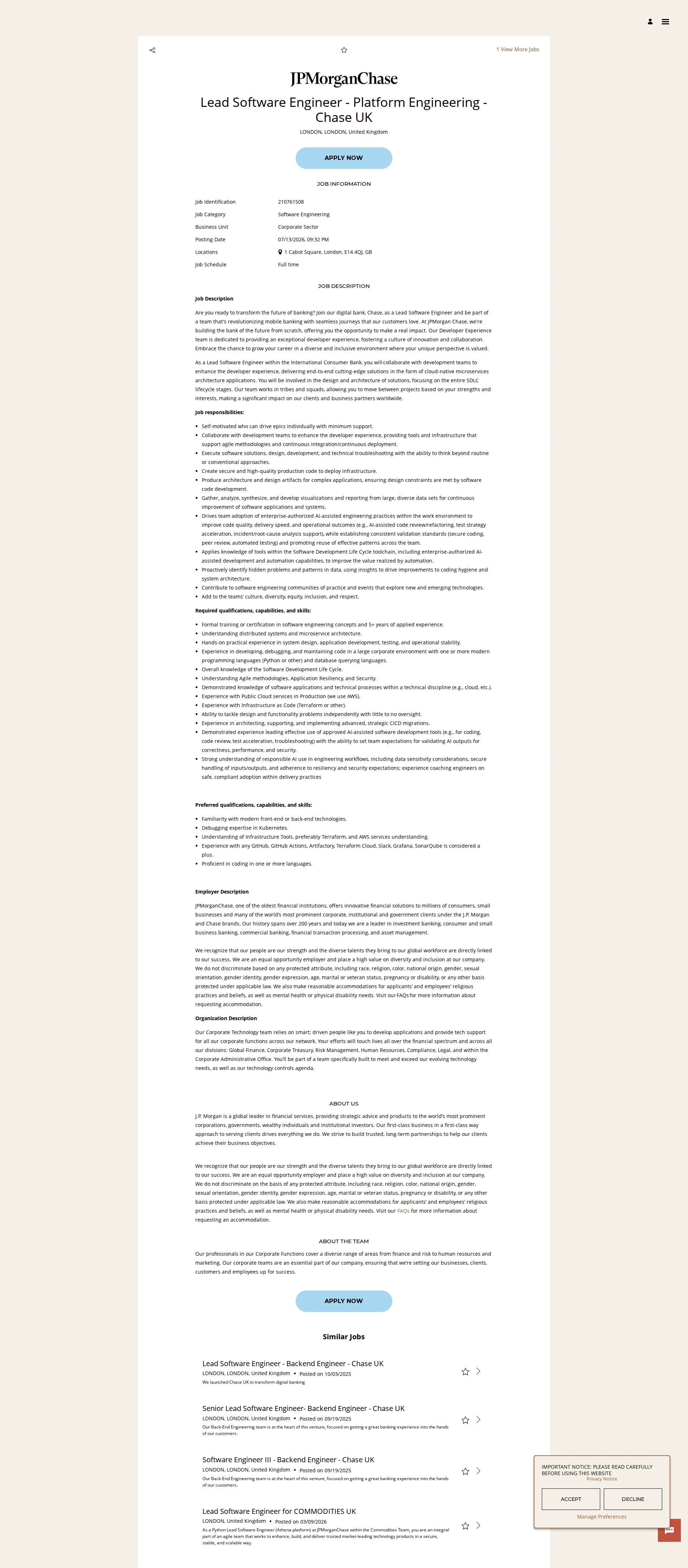 JPMorganChase Lead Software Engineer - Platform Engineering - Chase UK 채용공고