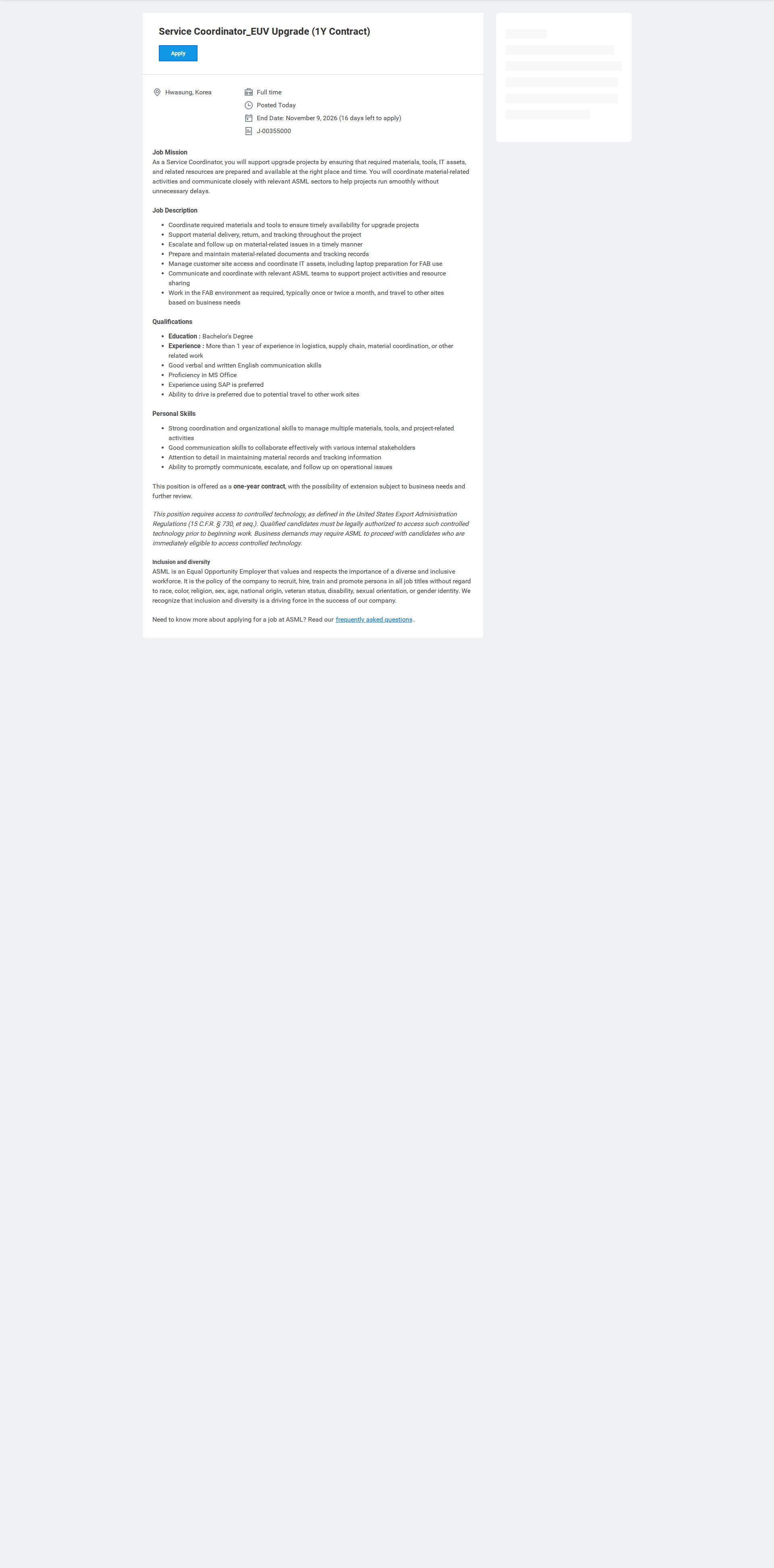 ASML Service Coordinator_EUV Upgrade (1Y Contract) 채용공고