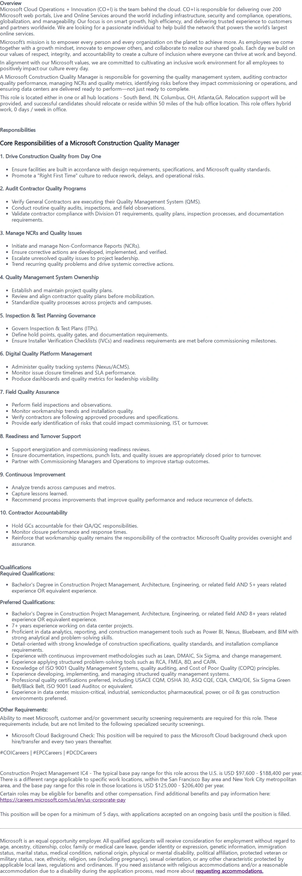 마이크로소프트(Microsoft) Construction Quality Manager 채용공고