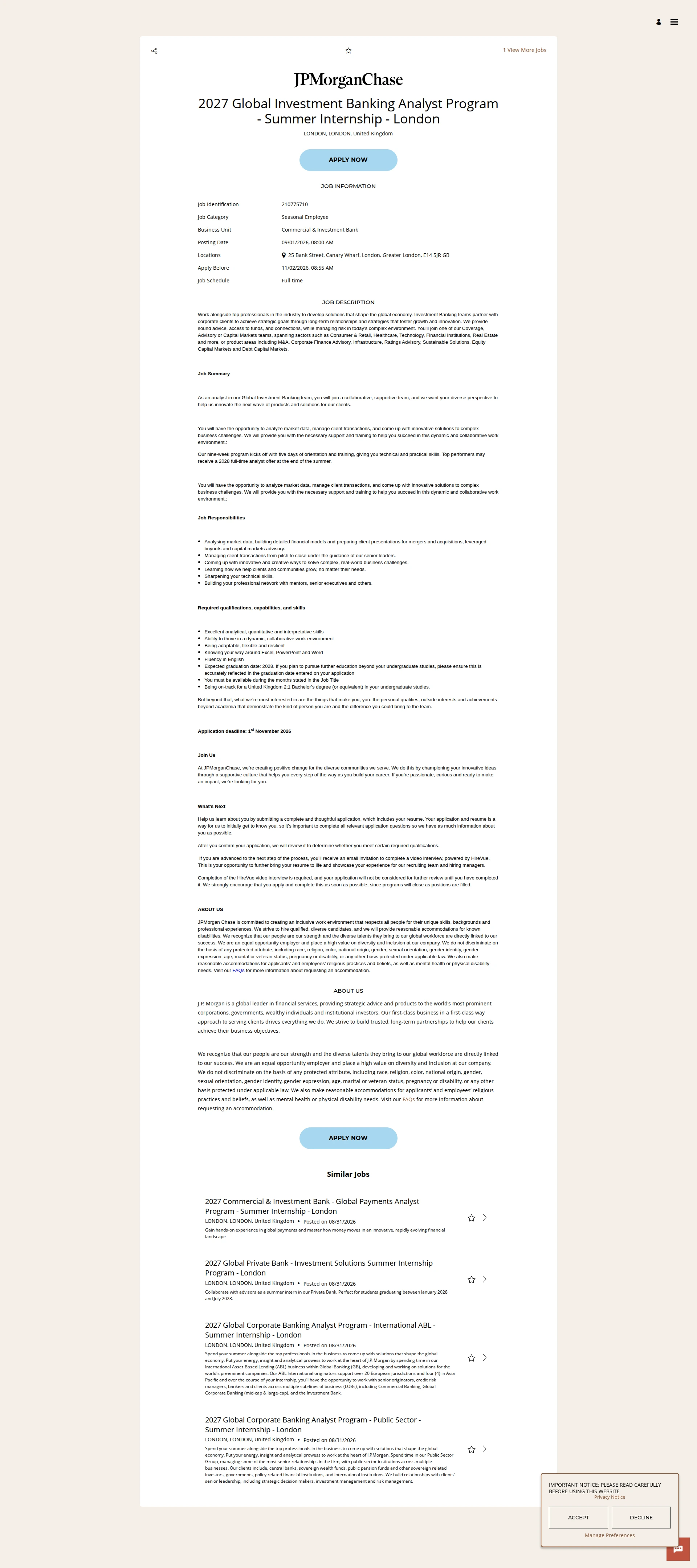 JPMorganChase 2027 Global Investment Banking Analyst Program - Summer Internship - London 채용공고
