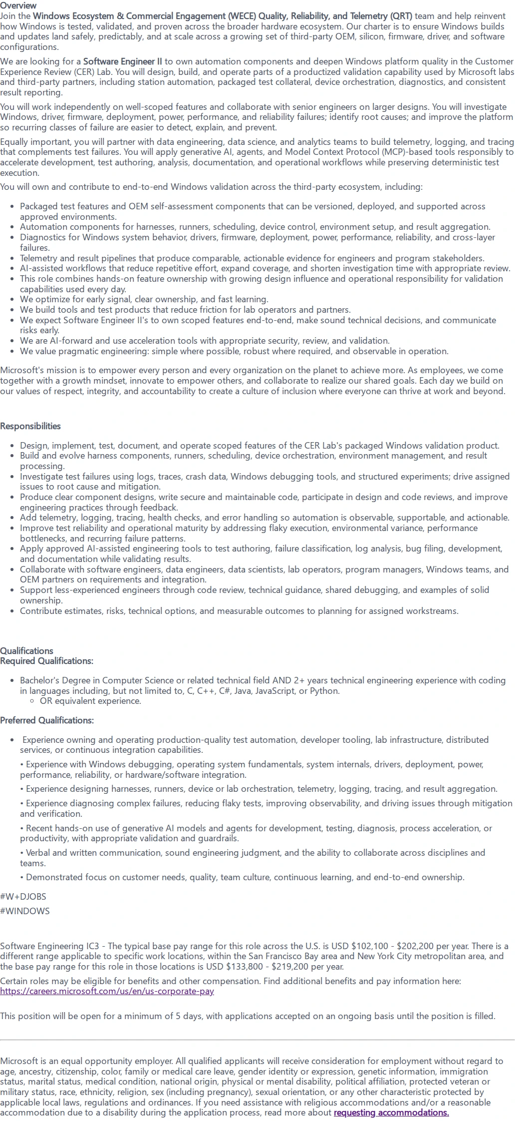 마이크로소프트(Microsoft) Software Engineer II 채용공고