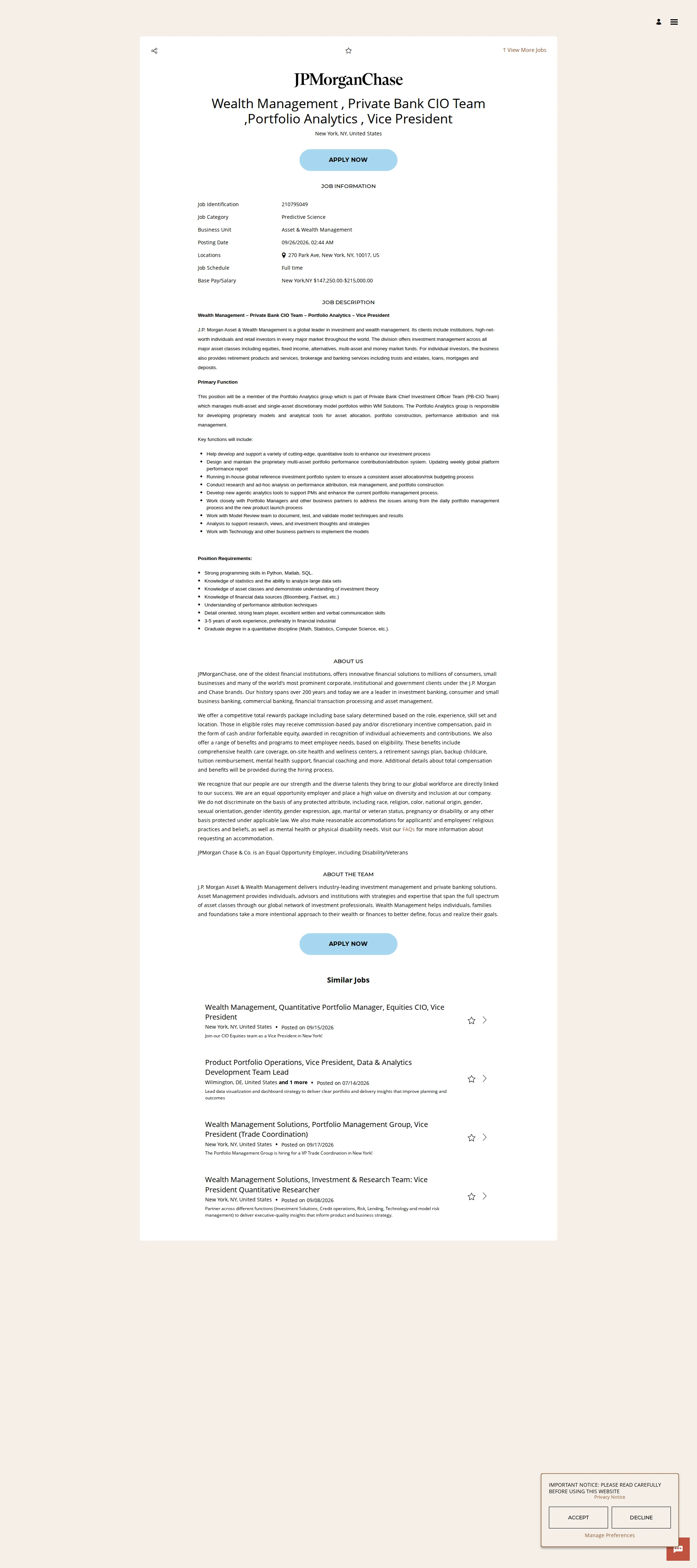 JPMorganChase Wealth Management , Private Bank CIO Team ,Portfolio Analytics , Vice President 채용공고