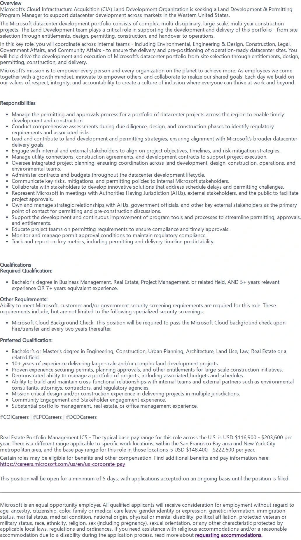 마이크로소프트(Microsoft) Senior Land Development & Permitting Program Manager 채용공고