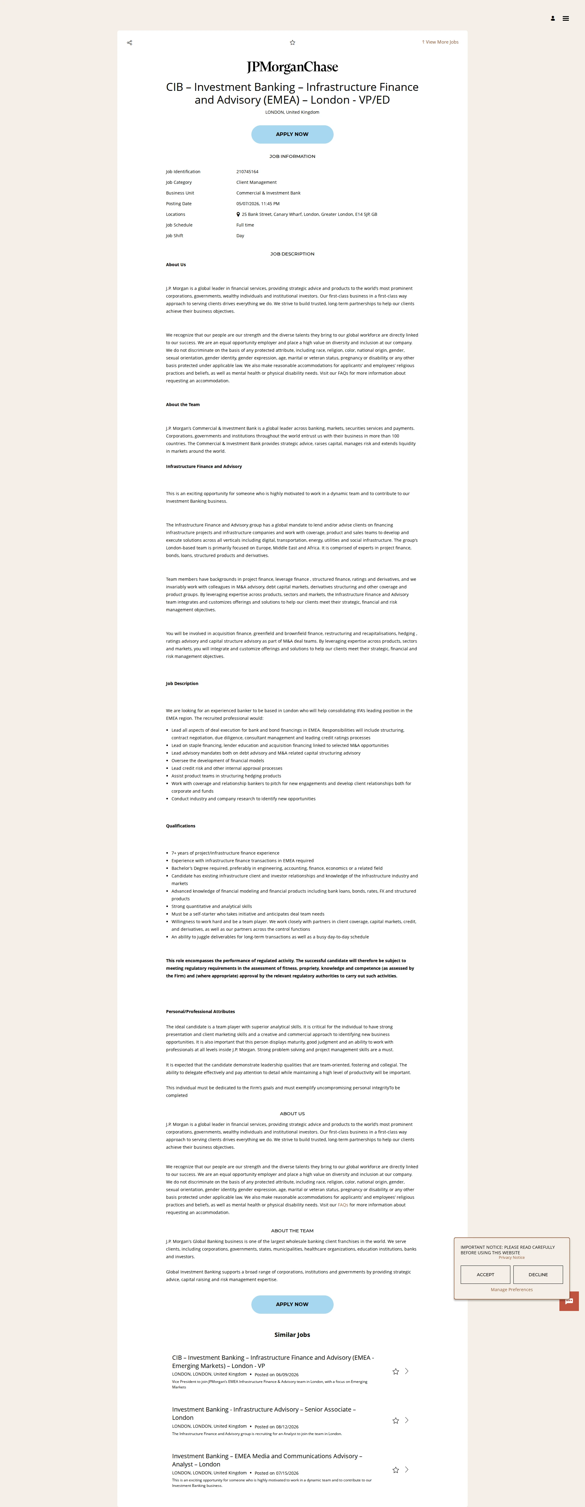 JPMorganChase CIB – Investment Banking – Infrastructure Finance and Advisory (EMEA) –  London - VP/ED 채용공고