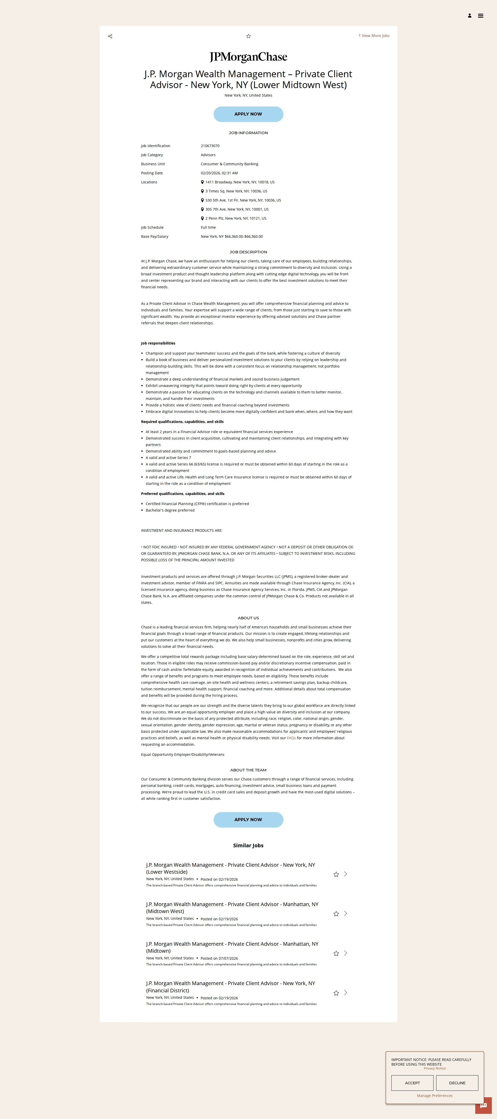 JPMorganChase J.P. Morgan Wealth Management – Private Client Advisor - New York, NY (Lower Midtown West) 채용공고