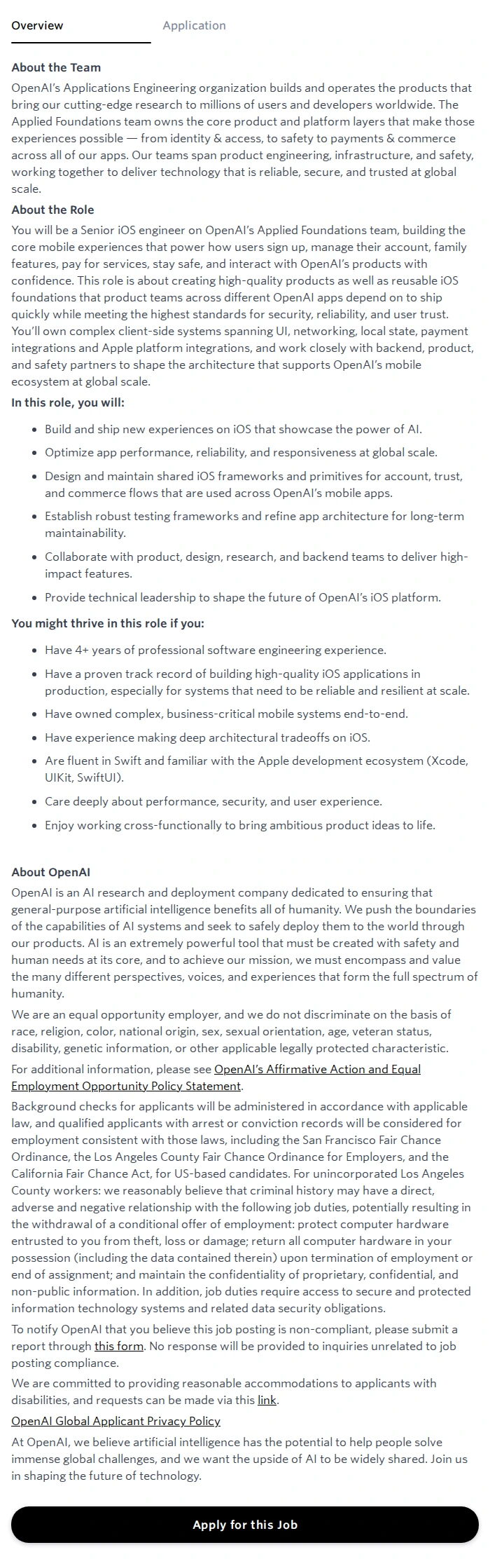 오픈에이아이(OpenAI) iOS Engineer, Applied Foundations 채용공고