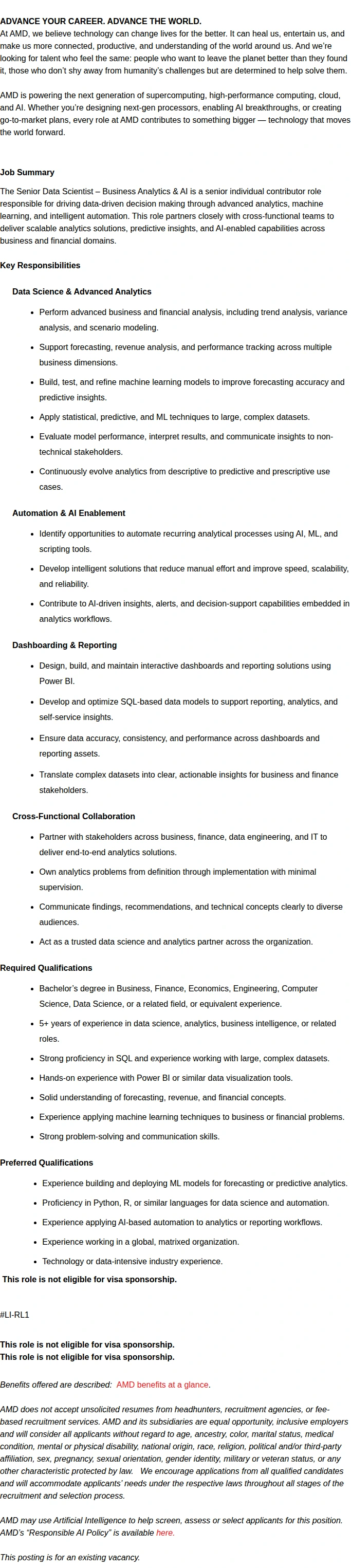 AMD Senior Data Scientist – Business Analytics - AI 채용공고