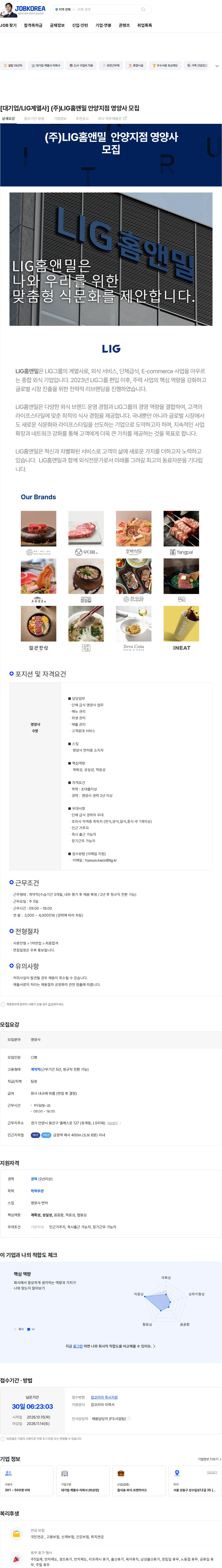 엘아이지홈앤밀 [대기업/LIG계열사] (주)LIG홈앤밀  안양지점   영양사 모집 채용공고