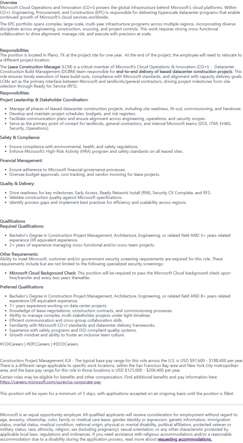 마이크로소프트(Microsoft) Lease Construction Manager 채용공고