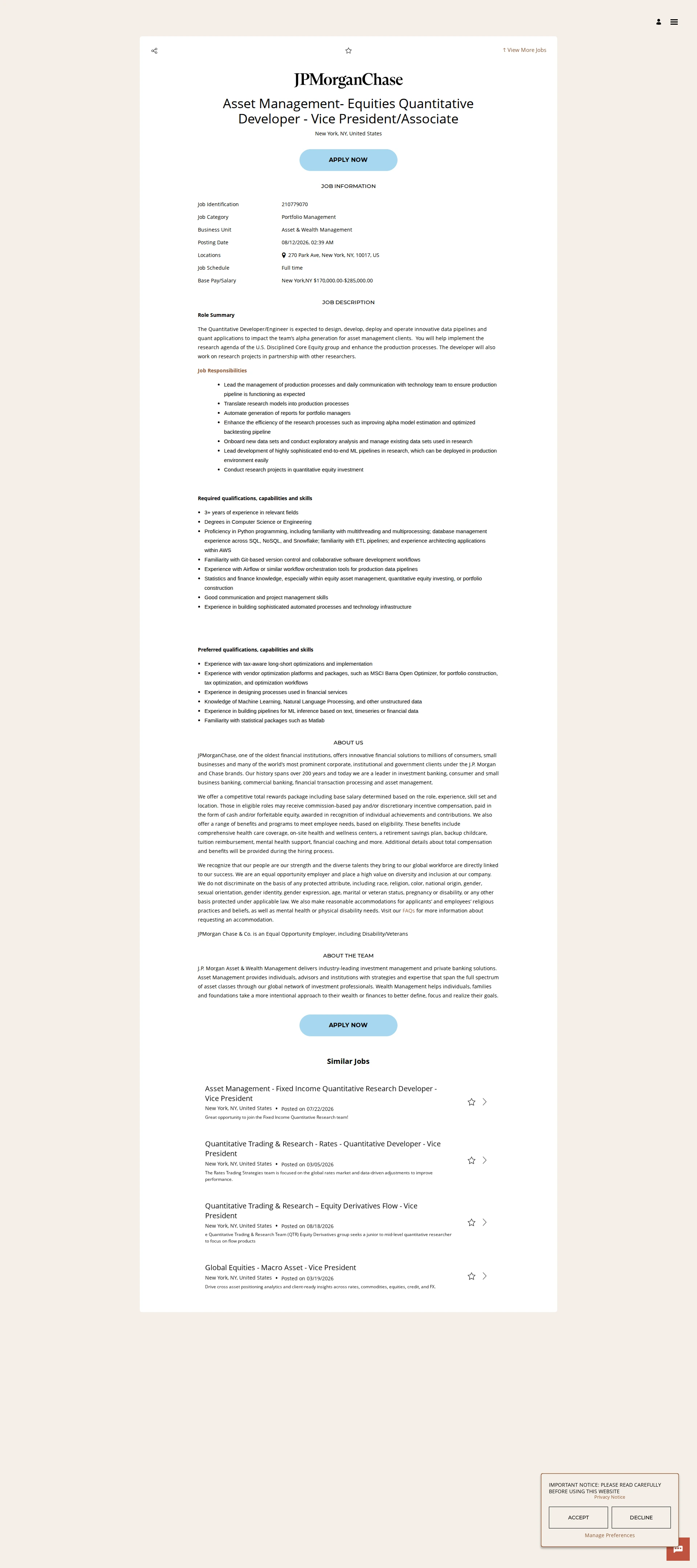 JPMorganChase Asset Management-  Equities Quantitative Developer - Vice President/Associate 채용공고