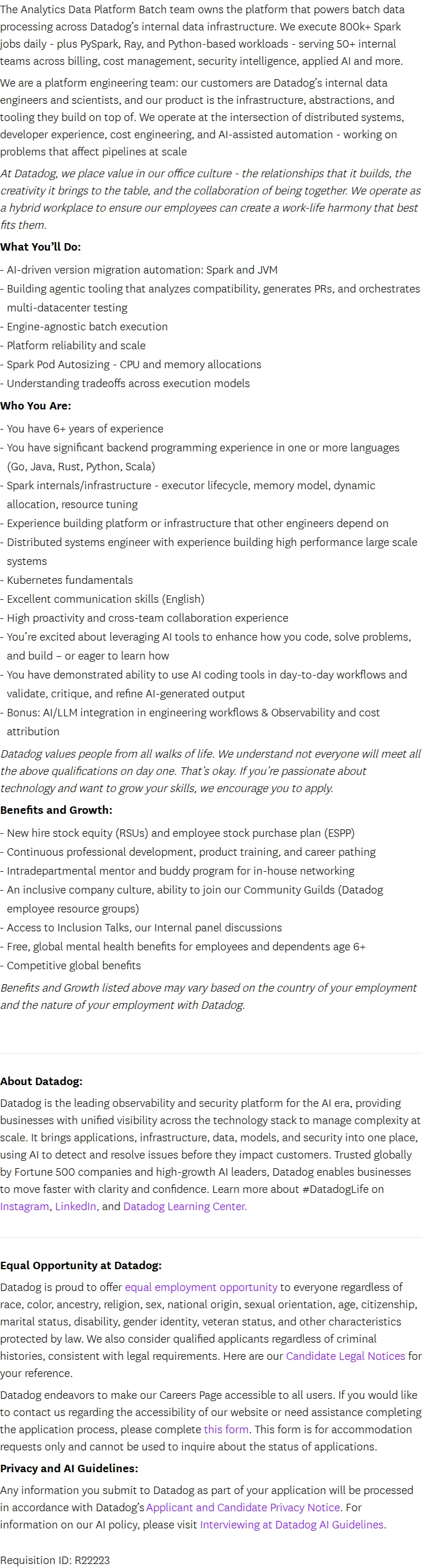 데이터독 Senior Software Engineer - Analytics Data Platform 채용공고