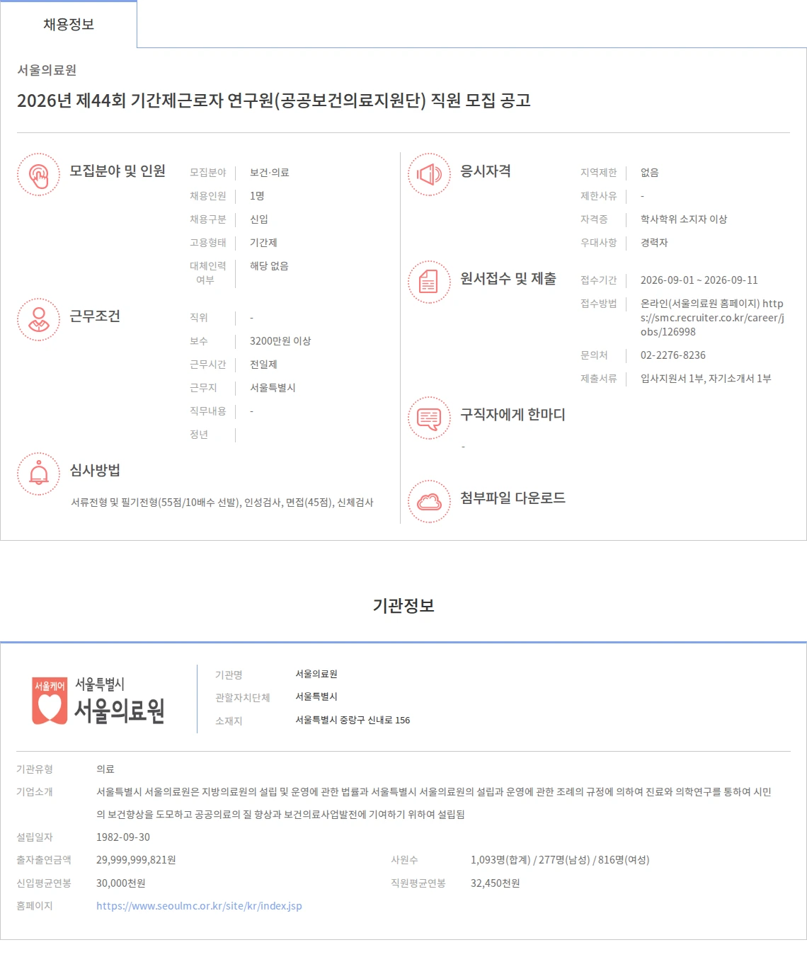 서울의료원 2026년 제44회 기간제근로자 연구원(공공보건의료지원단) 직원 모집 공고 채용공고