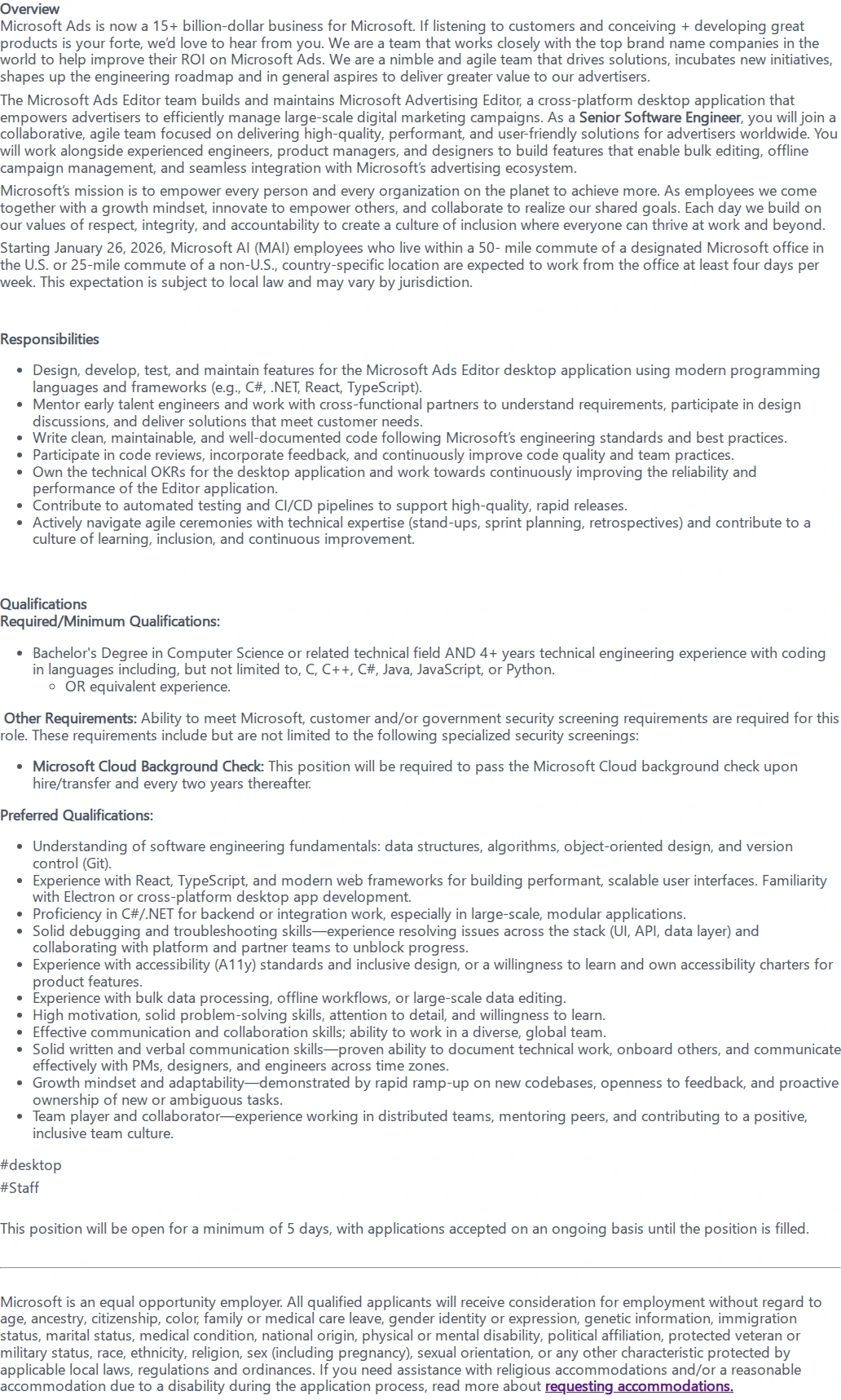 마이크로소프트(Microsoft) Senior Software Engineer - Full stack /Desktop Application 채용공고