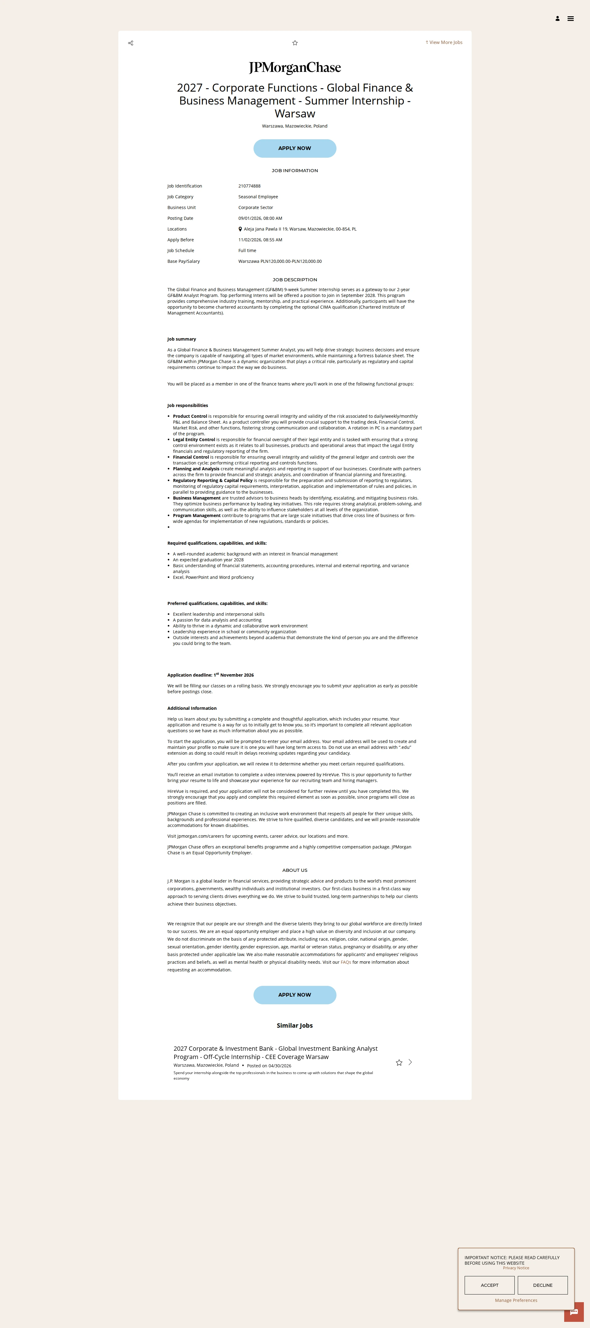JPMorganChase 2027 - Corporate Functions - Global Finance & Business Management - Summer Internship - Warsaw 채용공고