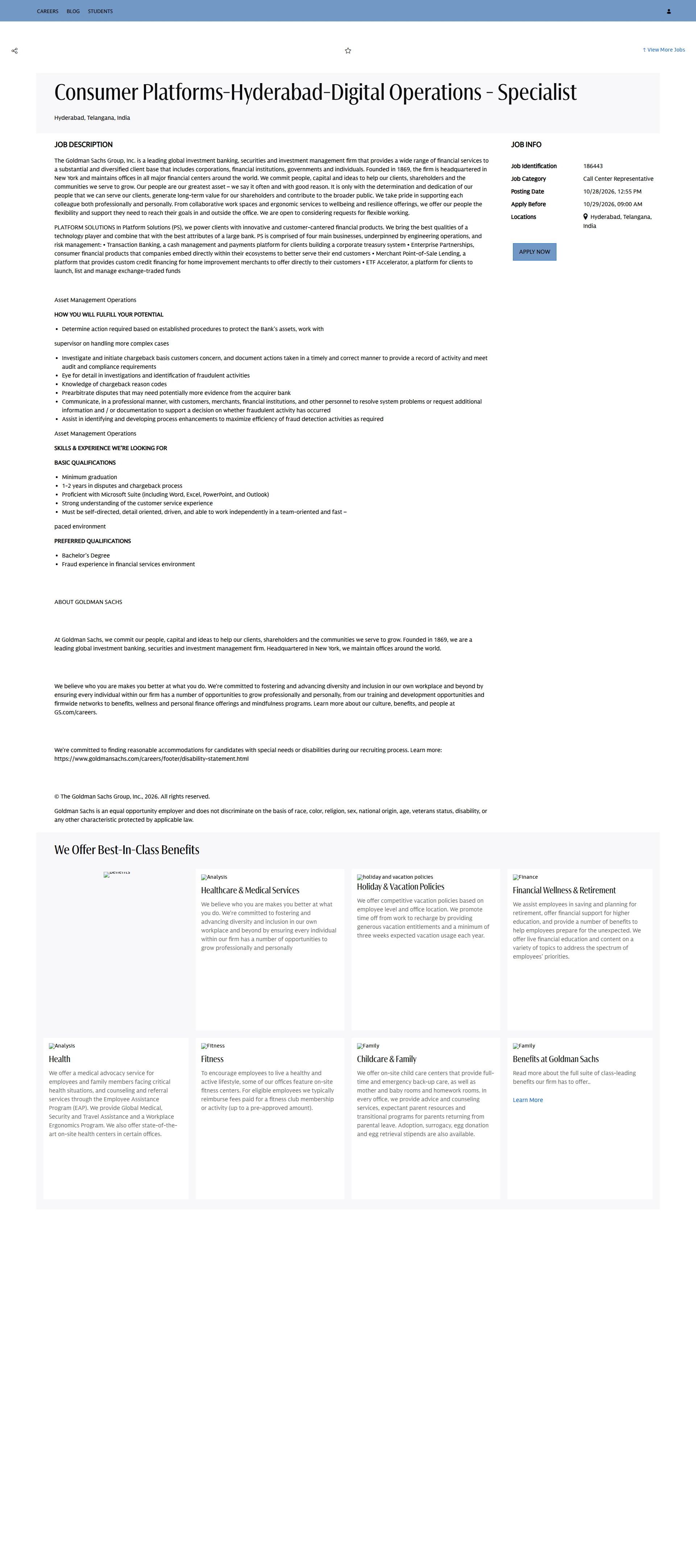 골드만삭스 Consumer Platforms-Hyderabad-Digital Operations - Specialist 채용공고