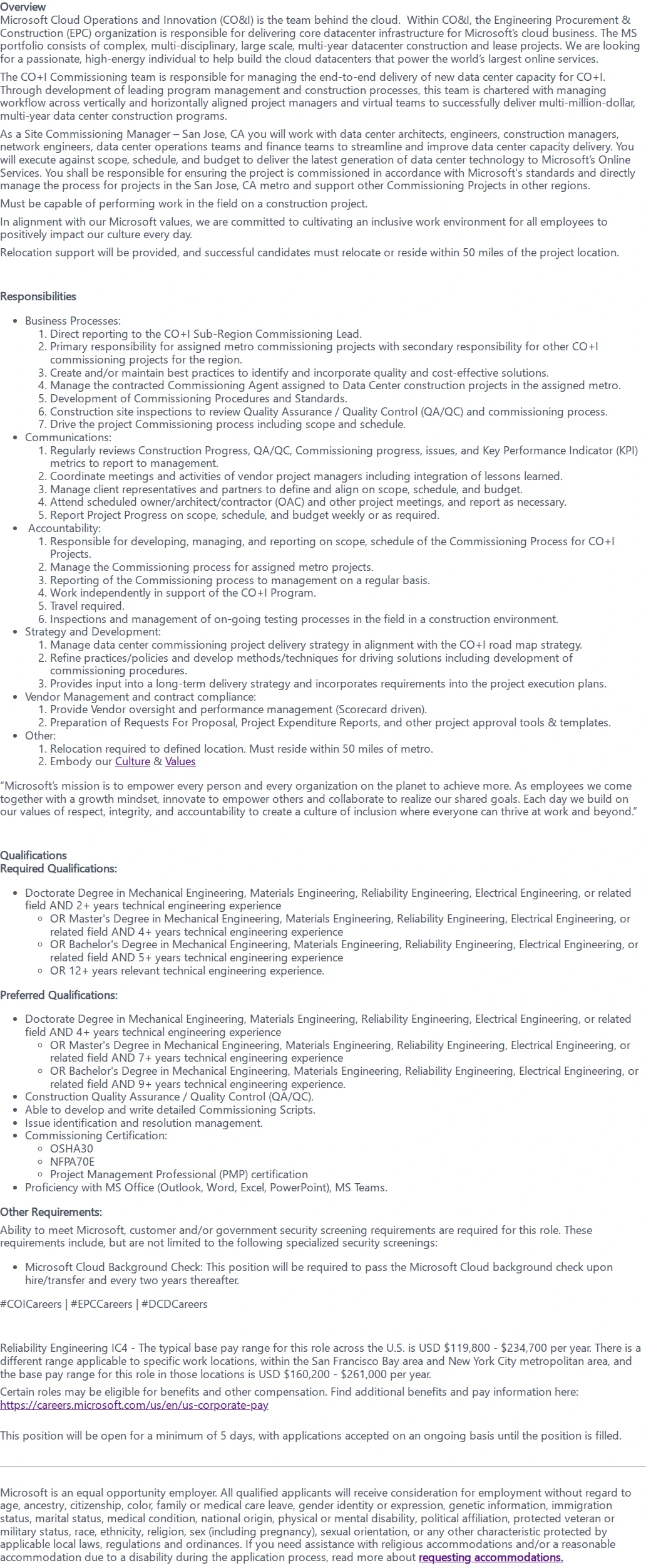 마이크로소프트(Microsoft) Commissioning Manager 채용공고